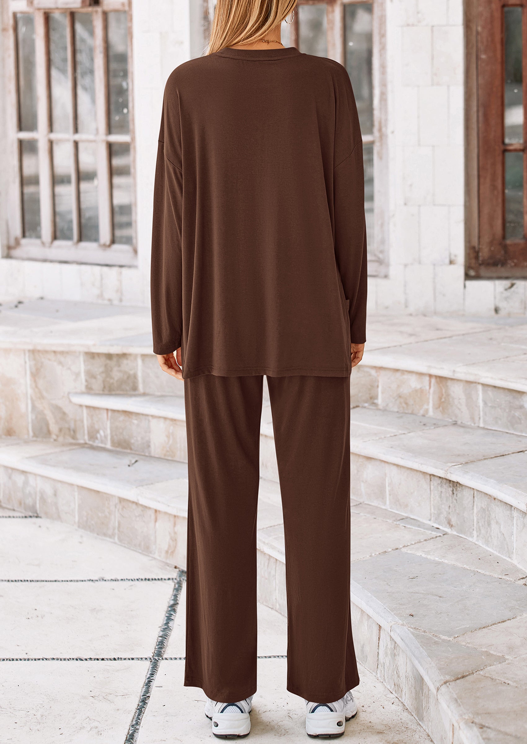 Women's Two Piece Lounge Sets Matching Long Sleeve Shirts Wide Leg Pants Tracksuits Travel Outfits Fall Clothes