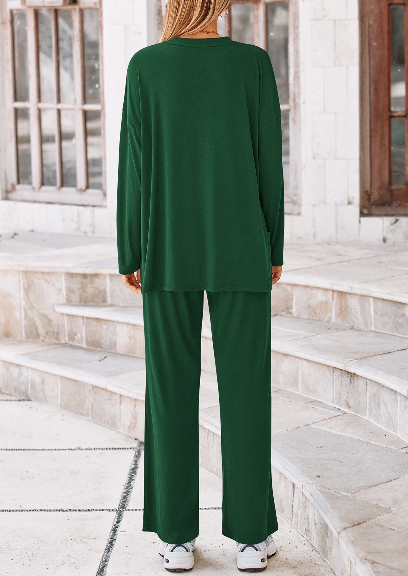 Women's Two Piece Lounge Sets Matching Long Sleeve Shirts Wide Leg Pants Tracksuits Travel Outfits Fall Clothes