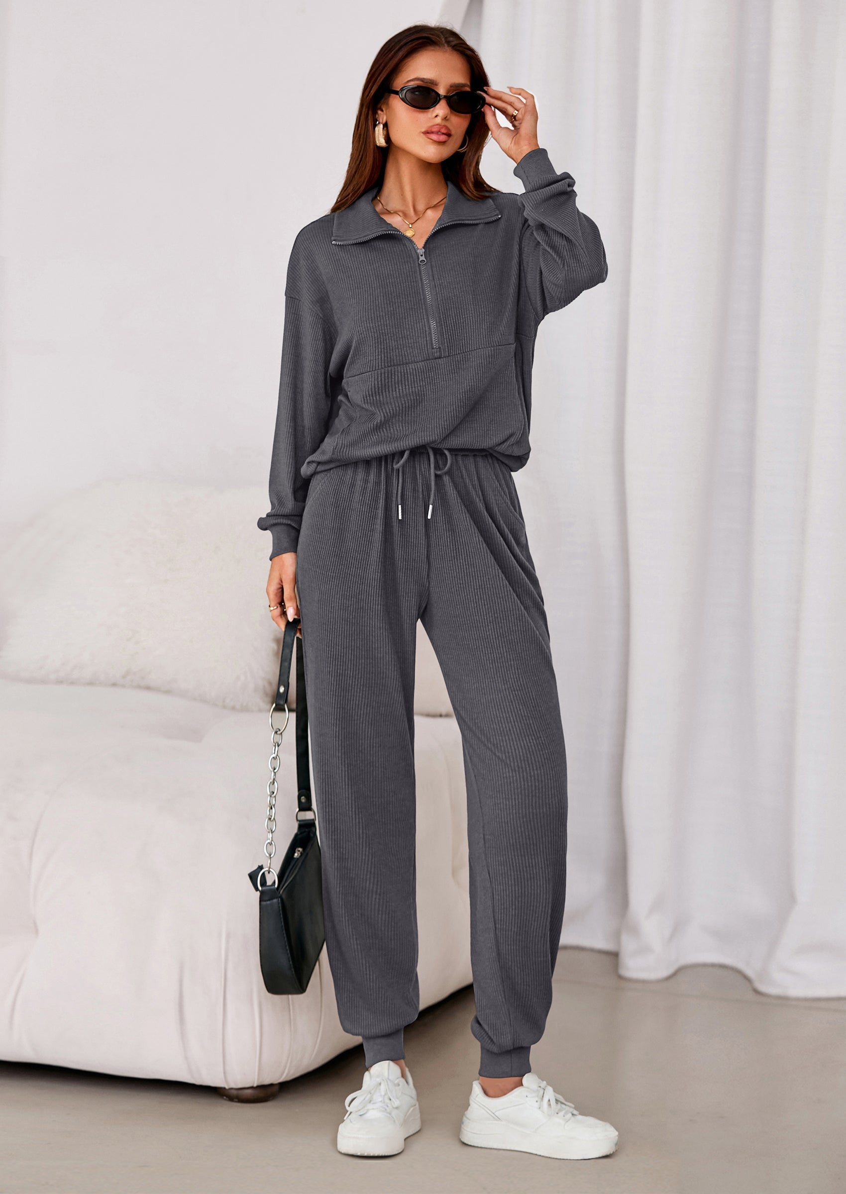 Women's Fall 2 Piece Lounge Sets Zip Up Sweatshirt Jogger Pants Sweat Track Suits Travel Outfit Winter Clothing