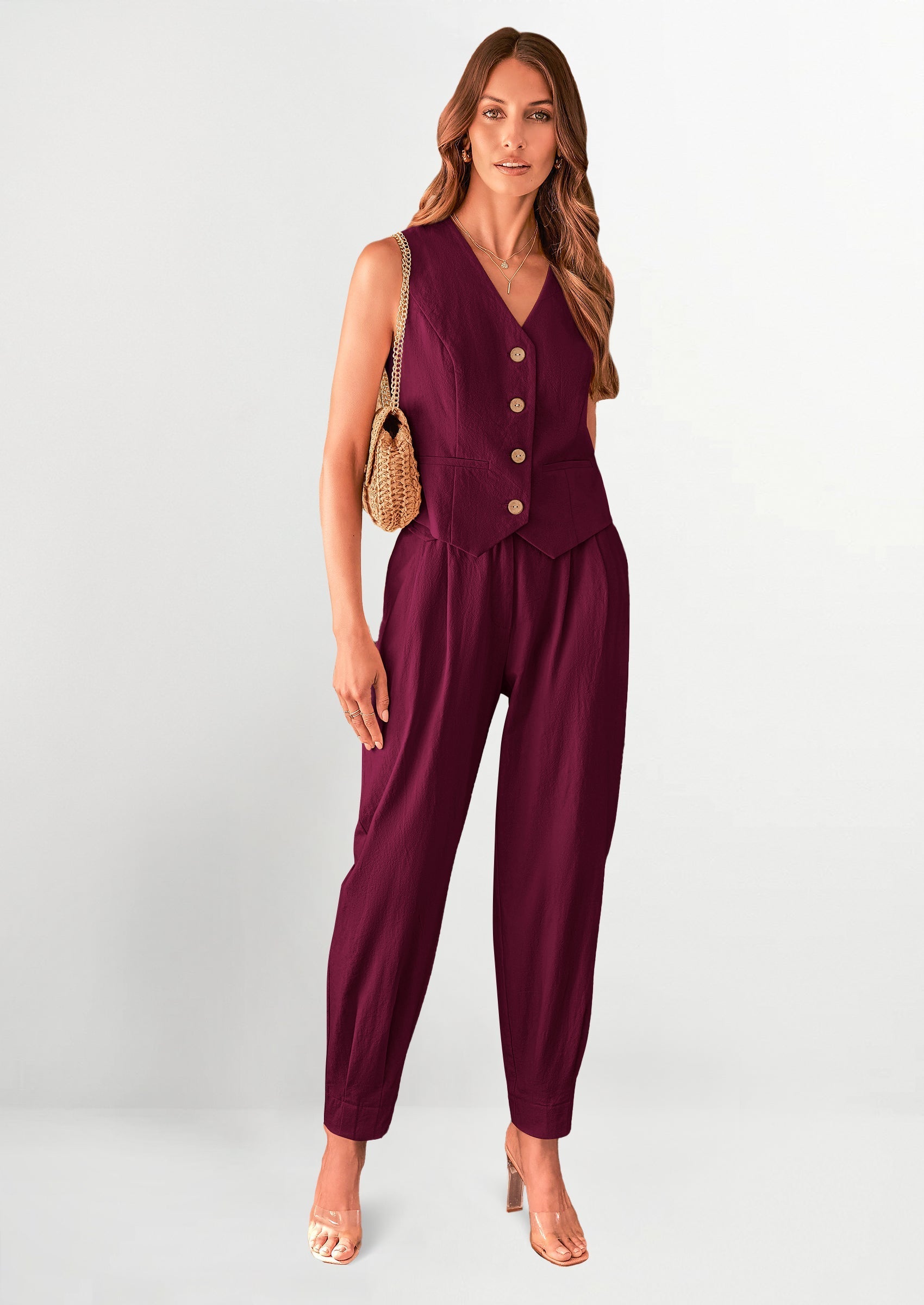 Two Piece V Neck Button Front Cropped Tank Tops Vest Pockets Pants Cotton Sets