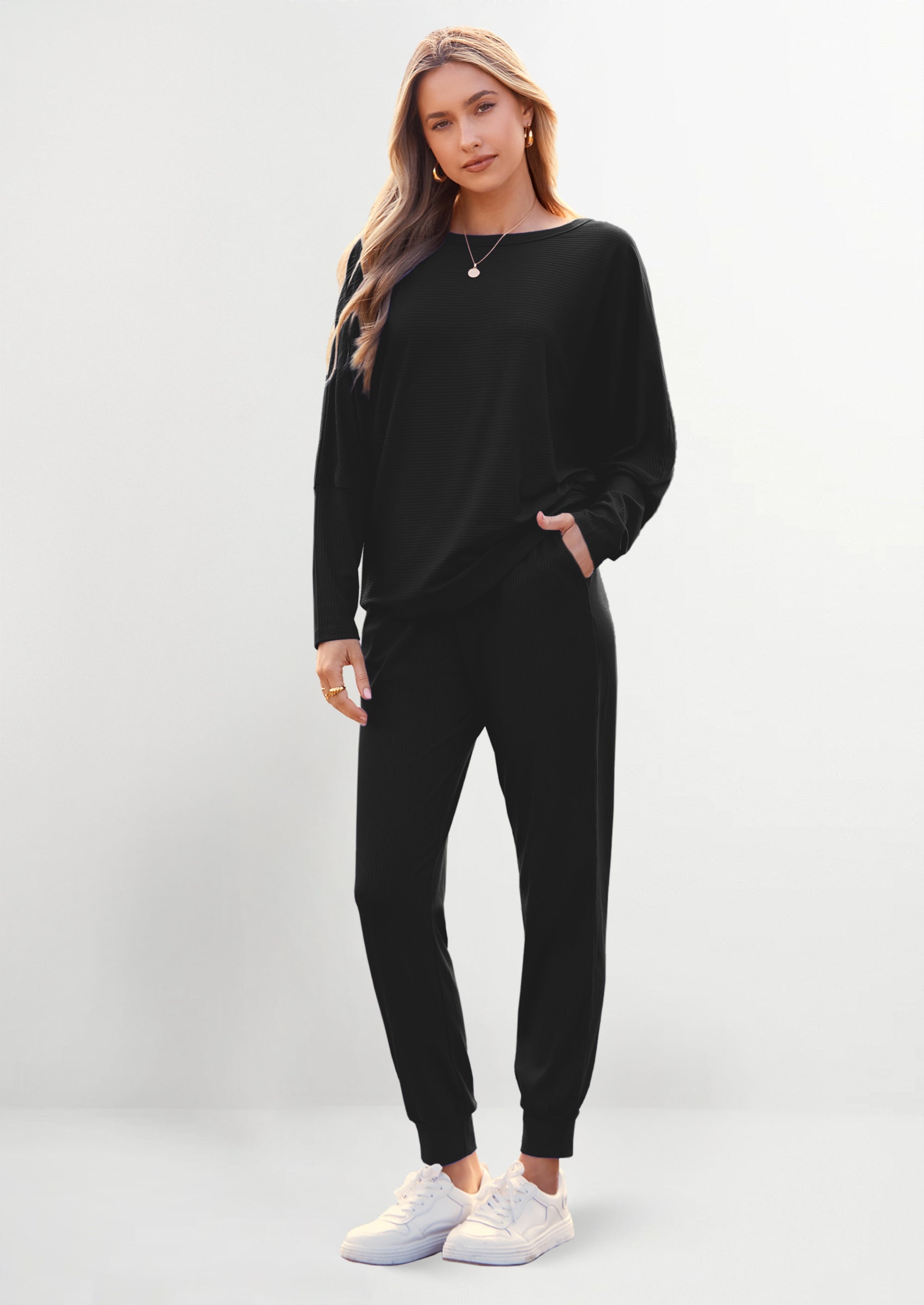 Women's Fall 2 Piece Lounge Set Long Sleeve Tops Ribbed Pants Spring Matching Sweatsuit Travel Outfits Clothes