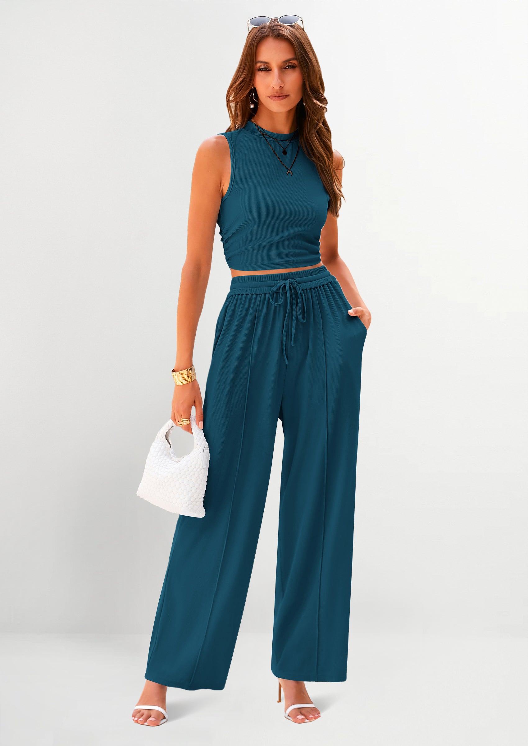 2 Piece Sets Sleeveless Tank Ribbed Travel Vacation Lounge Wear Outfits