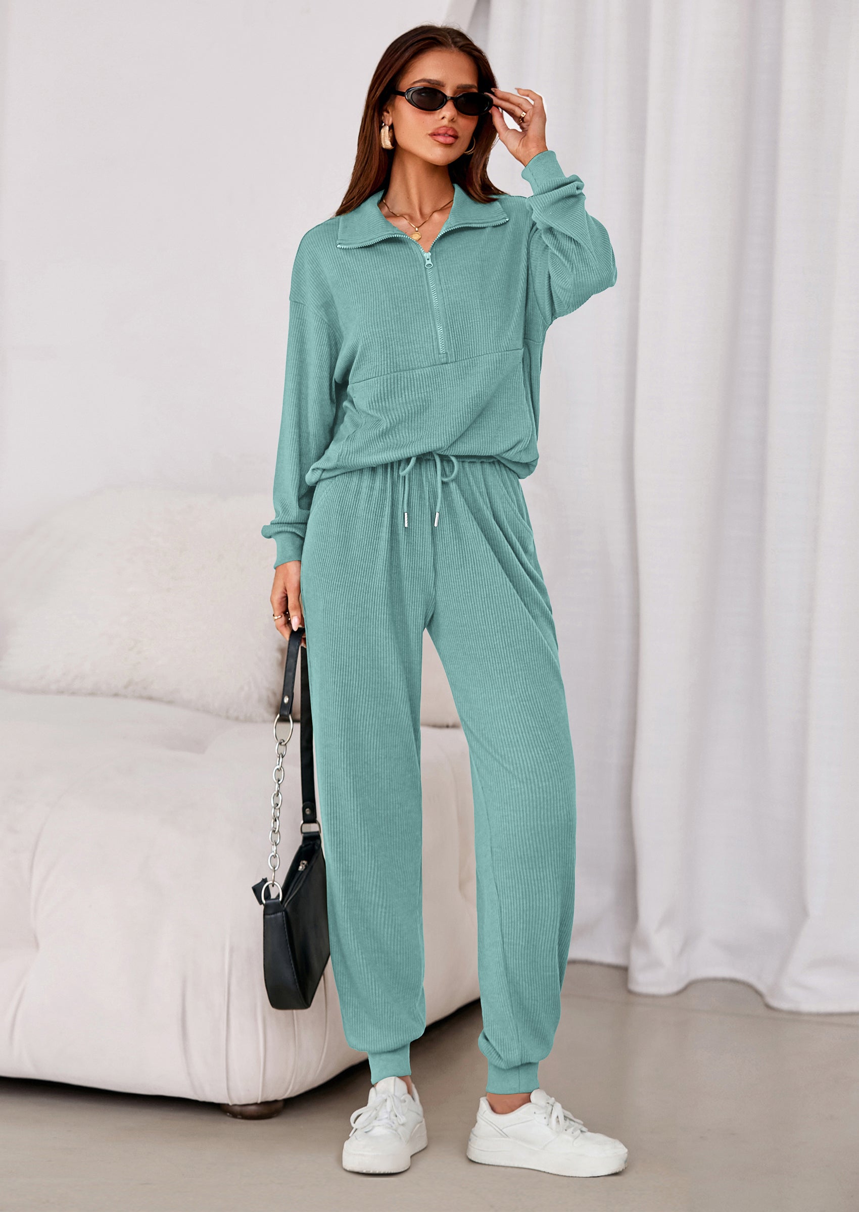 Women's Fall 2 Piece Lounge Sets Zip Up Sweatshirt Jogger Pants Sweat Track Suits Travel Outfit Winter Clothing