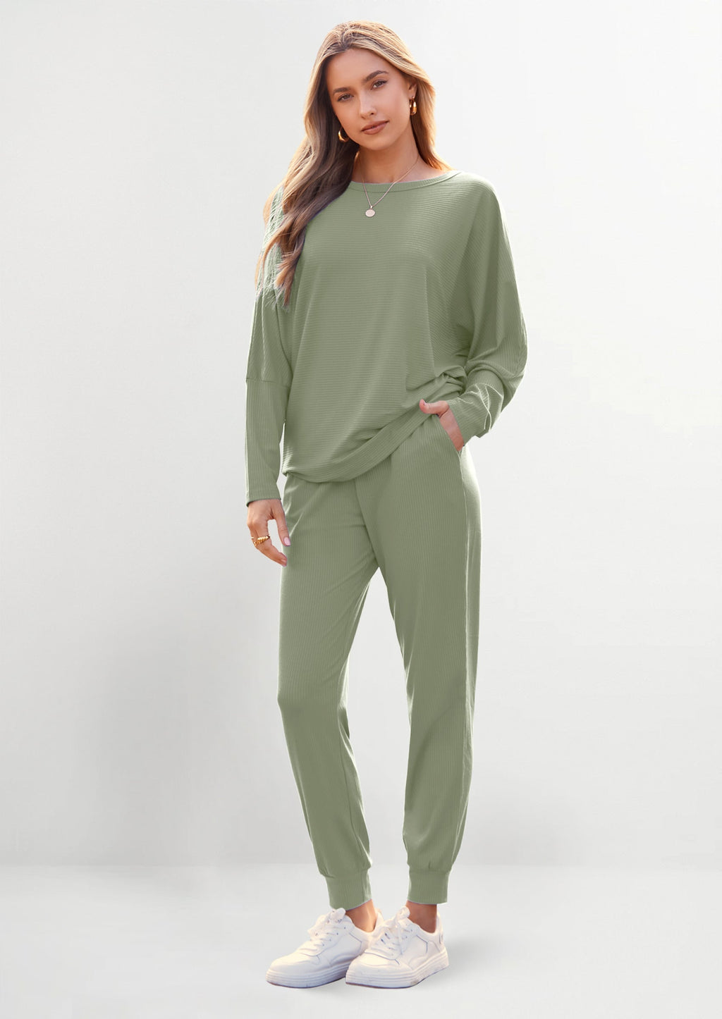 Women's Fall 2 Piece Lounge Set Long Sleeve Tops Ribbed Pants Spring Matching Sweatsuit Travel Outfits Clothes