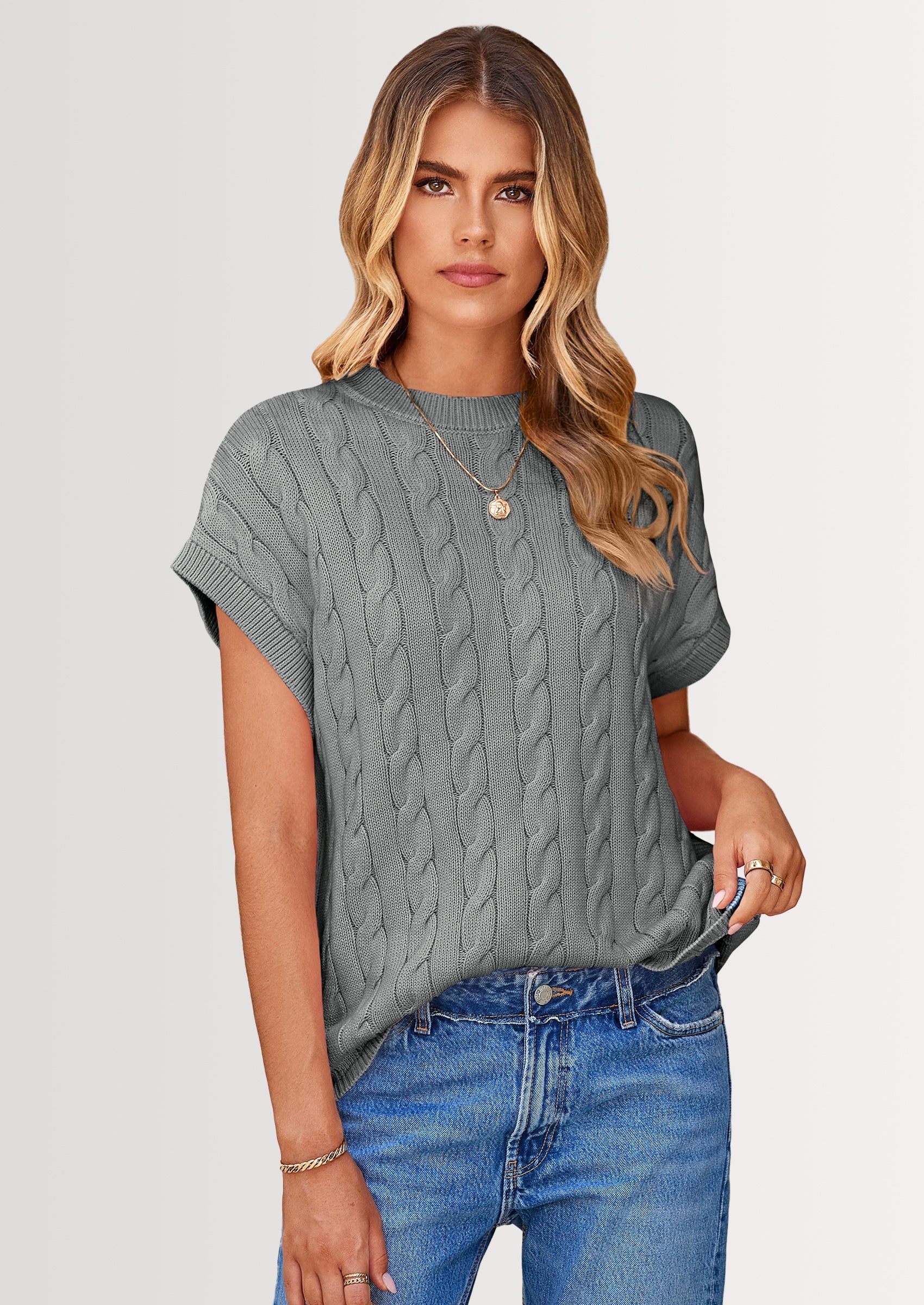 Women's Sweater Vest Summer Short Sleeve Tops Casual Crewneck Knit Oversized Pullover Trendy Spring Outfits