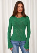 Womens Lace Long Bell Sleeve Tops Fall Sexy See Through Sheer Floral Blouse Shirt Fitted Going Out Outfits