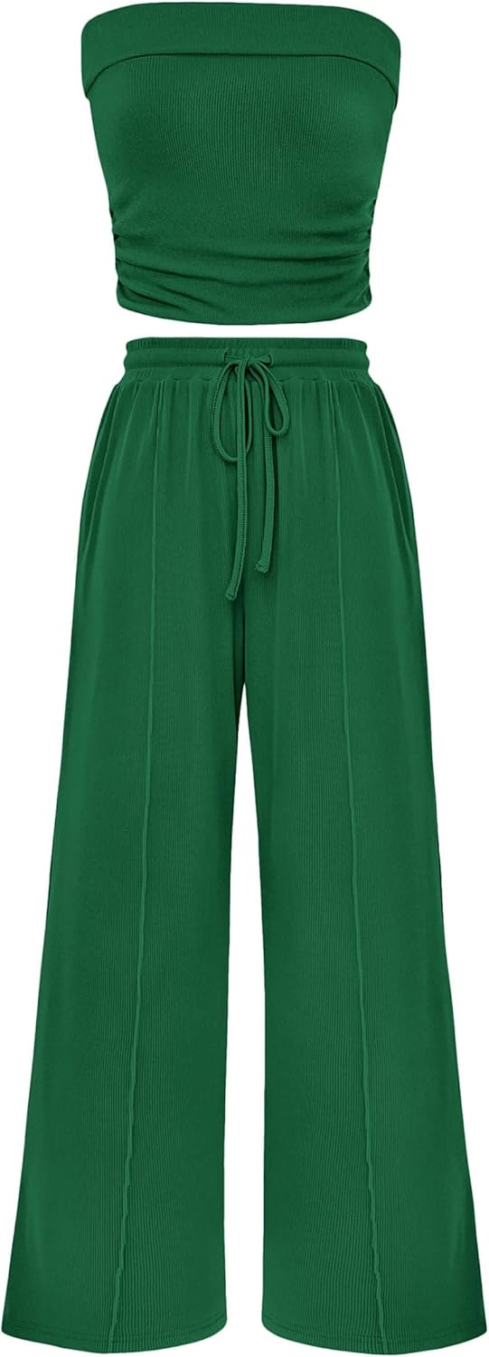 2 Piece Sets Casual Ribbed Knit Crop Tube Top Wide Leg Pants Lounge Set