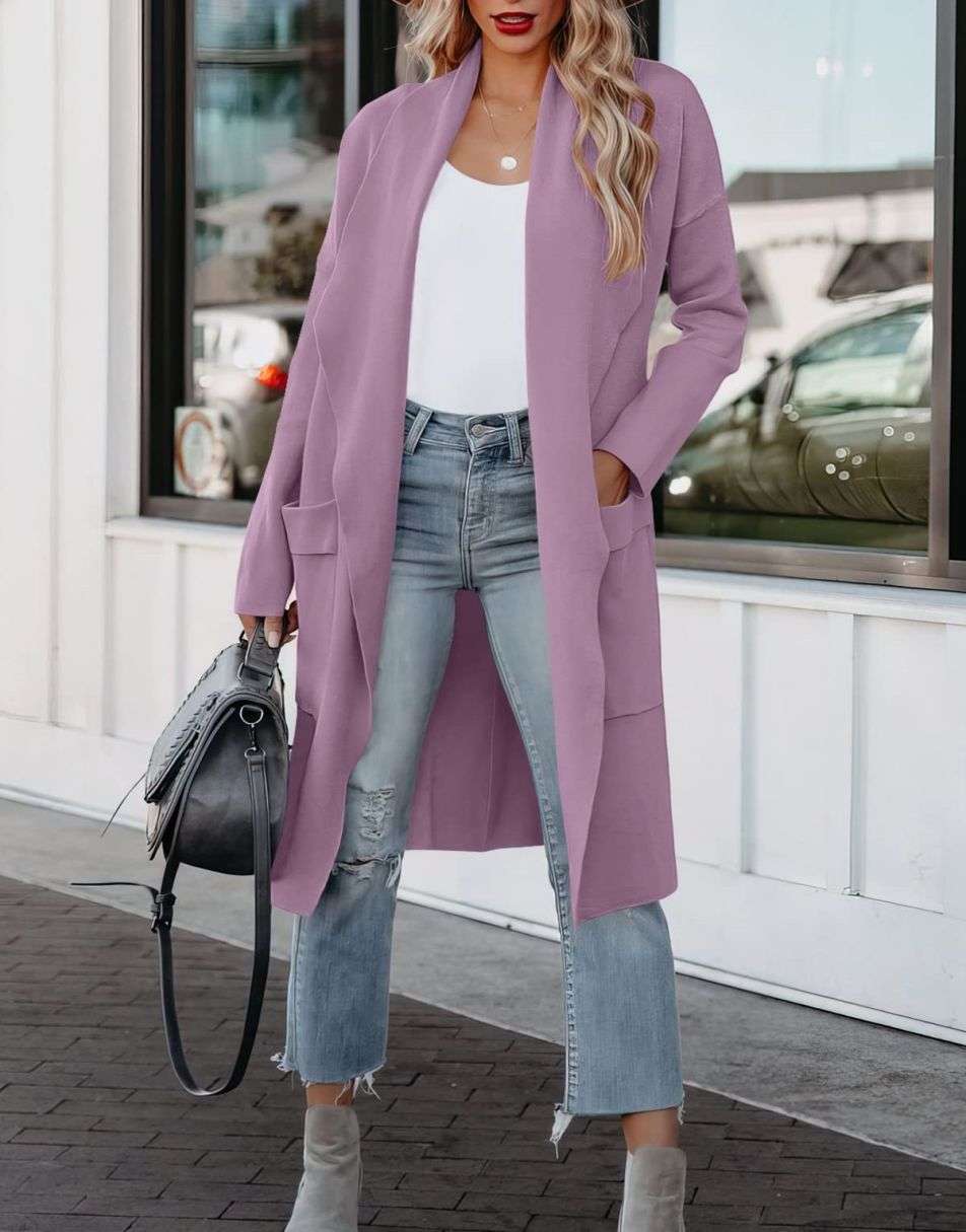 Women's Casual Long Sleeve Draped Open Front Knit Pockets Long Cardigan Jackets Sweater