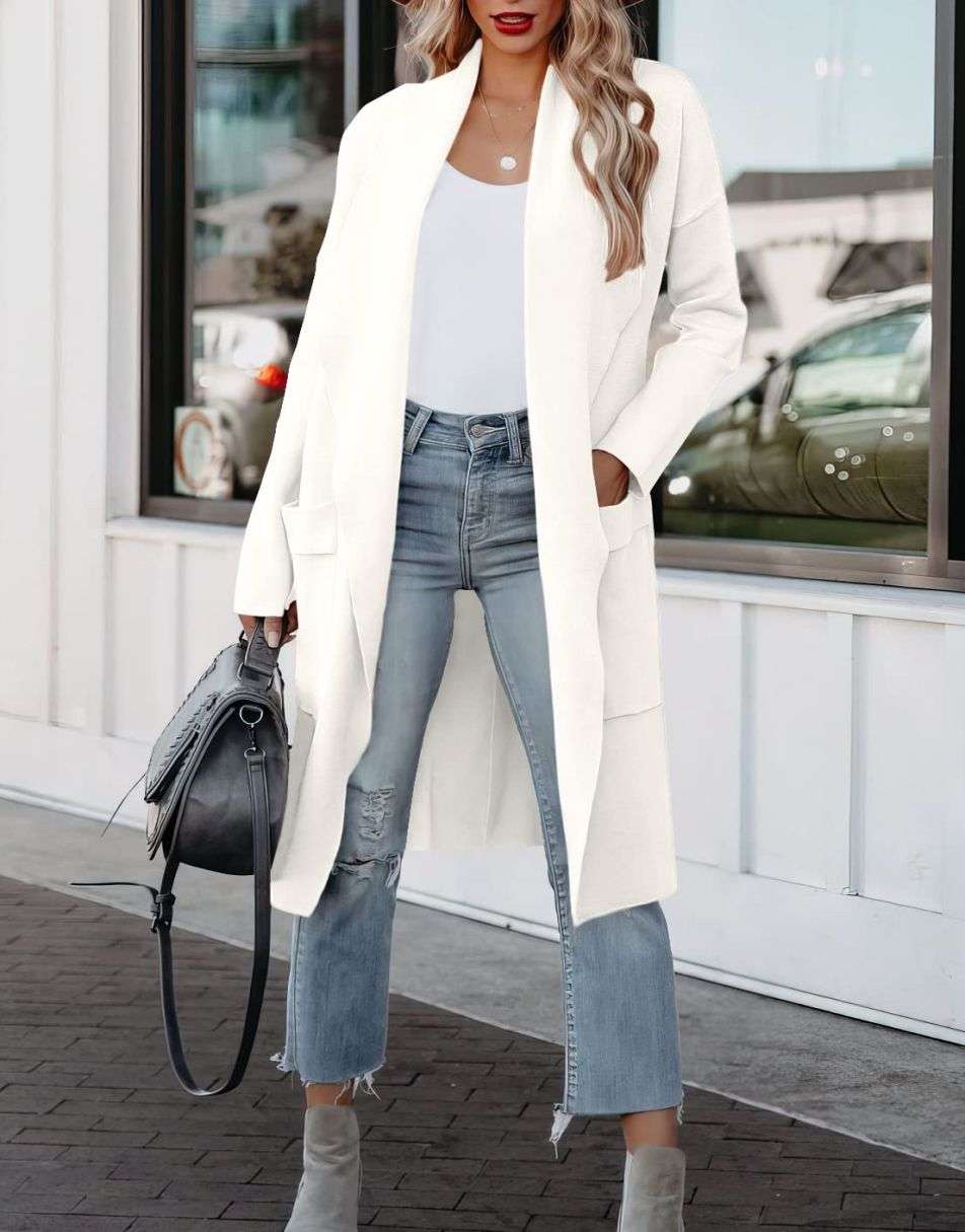 Women's Casual Long Sleeve Draped Open Front Knit Pockets Long Cardigan Jackets Sweater