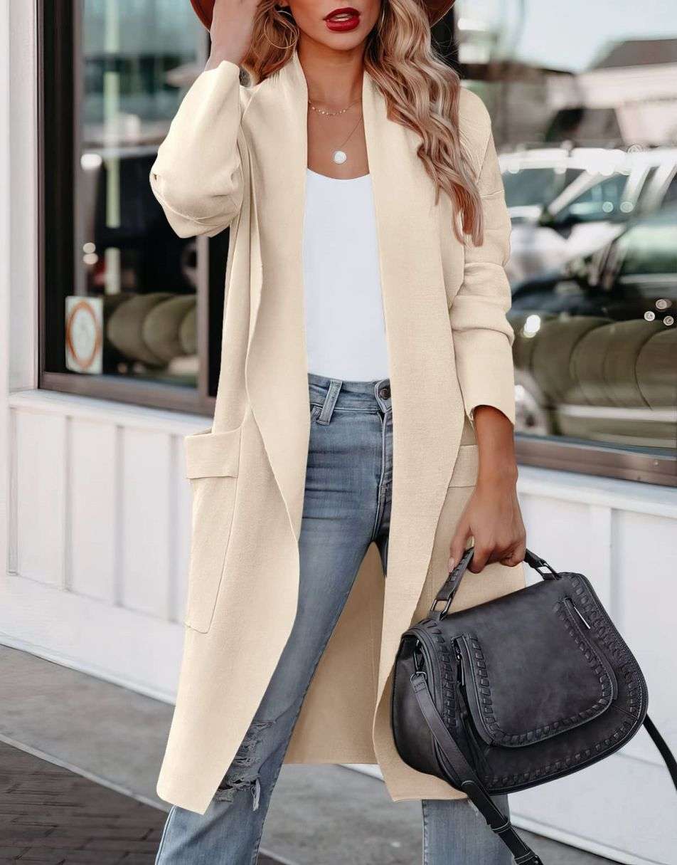 Women's Casual Long Sleeve Draped Open Front Knit Pockets Long Cardigan Jackets Sweater