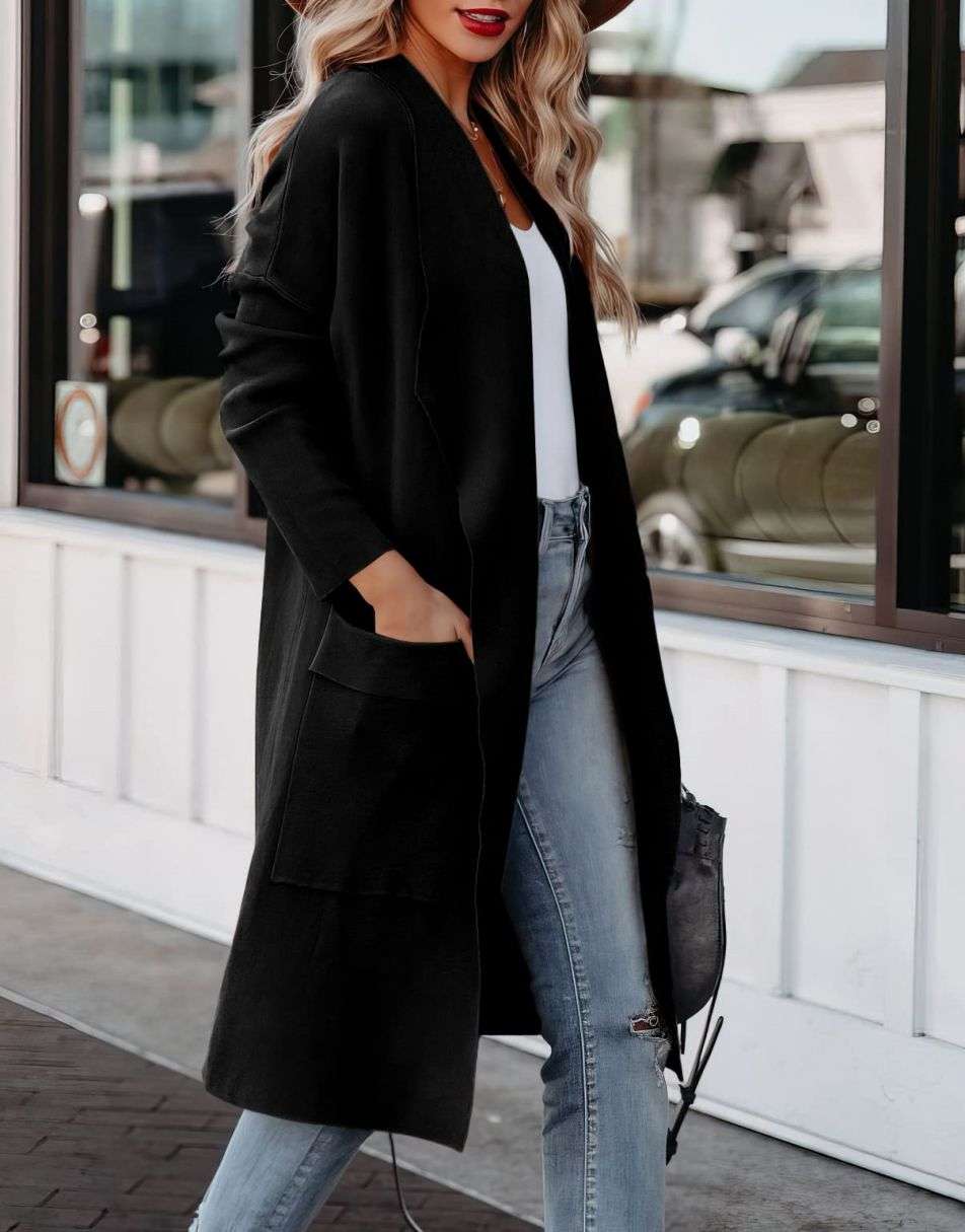 Women's Casual Long Sleeve Draped Open Front Knit Pockets Long Cardigan Jackets Sweater
