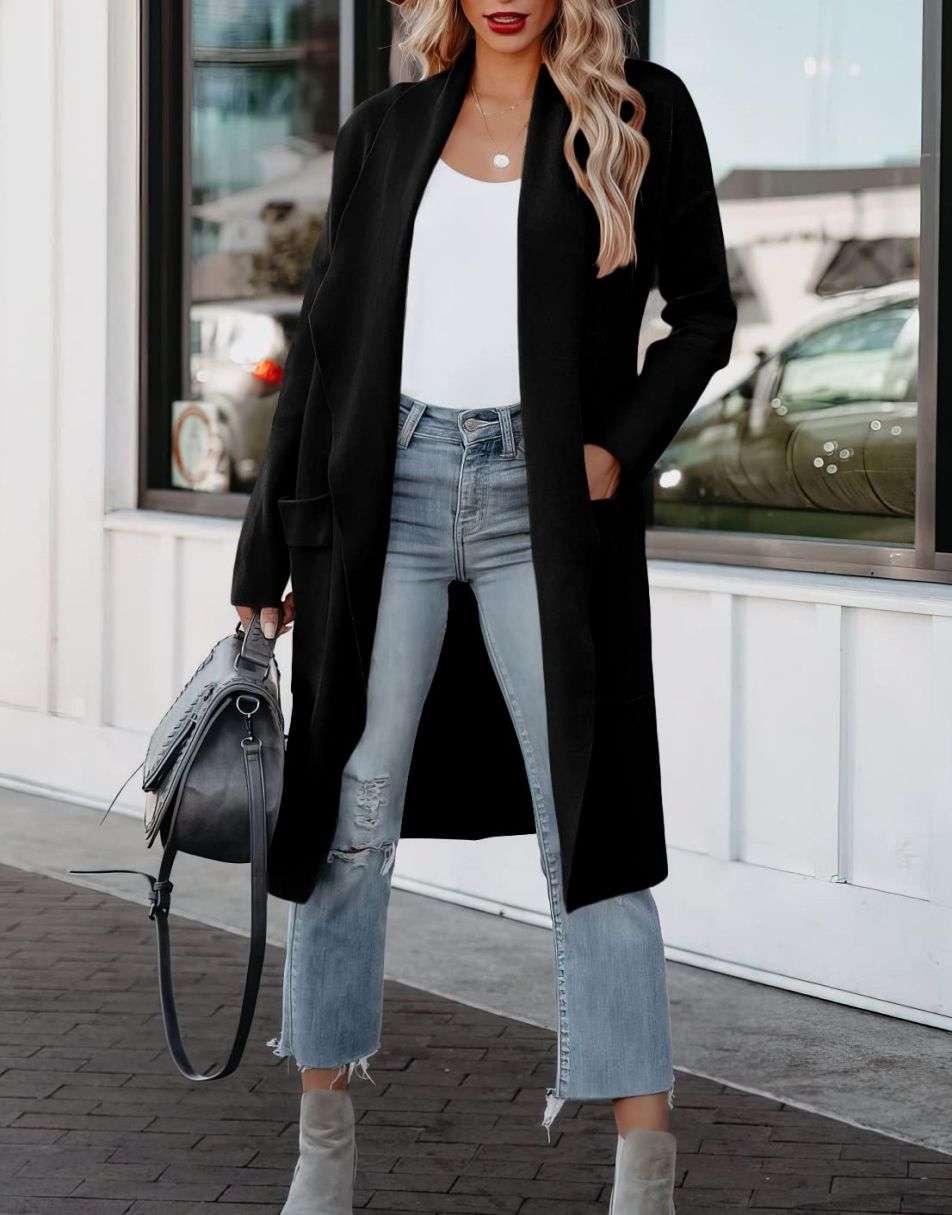 Women's Casual Long Sleeve Draped Open Front Knit Pockets Long Cardigan Jackets Sweater