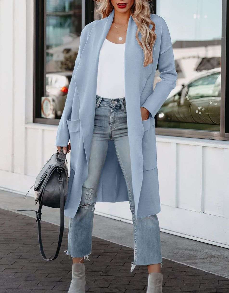 Women's Casual Long Sleeve Draped Open Front Knit Pockets Long Cardigan Jackets Sweater