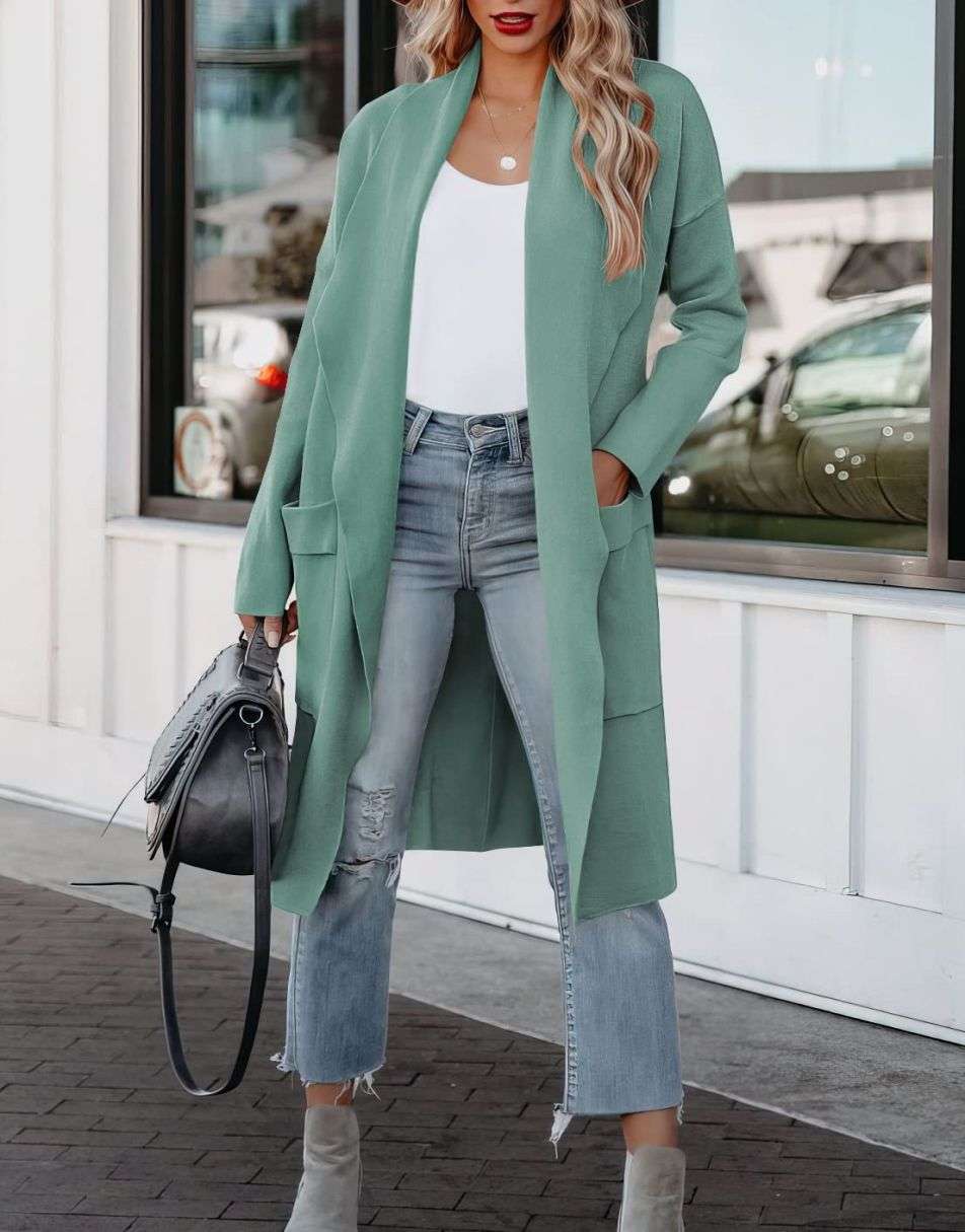 Women's Casual Long Sleeve Draped Open Front Knit Pockets Long Cardigan Jackets Sweater