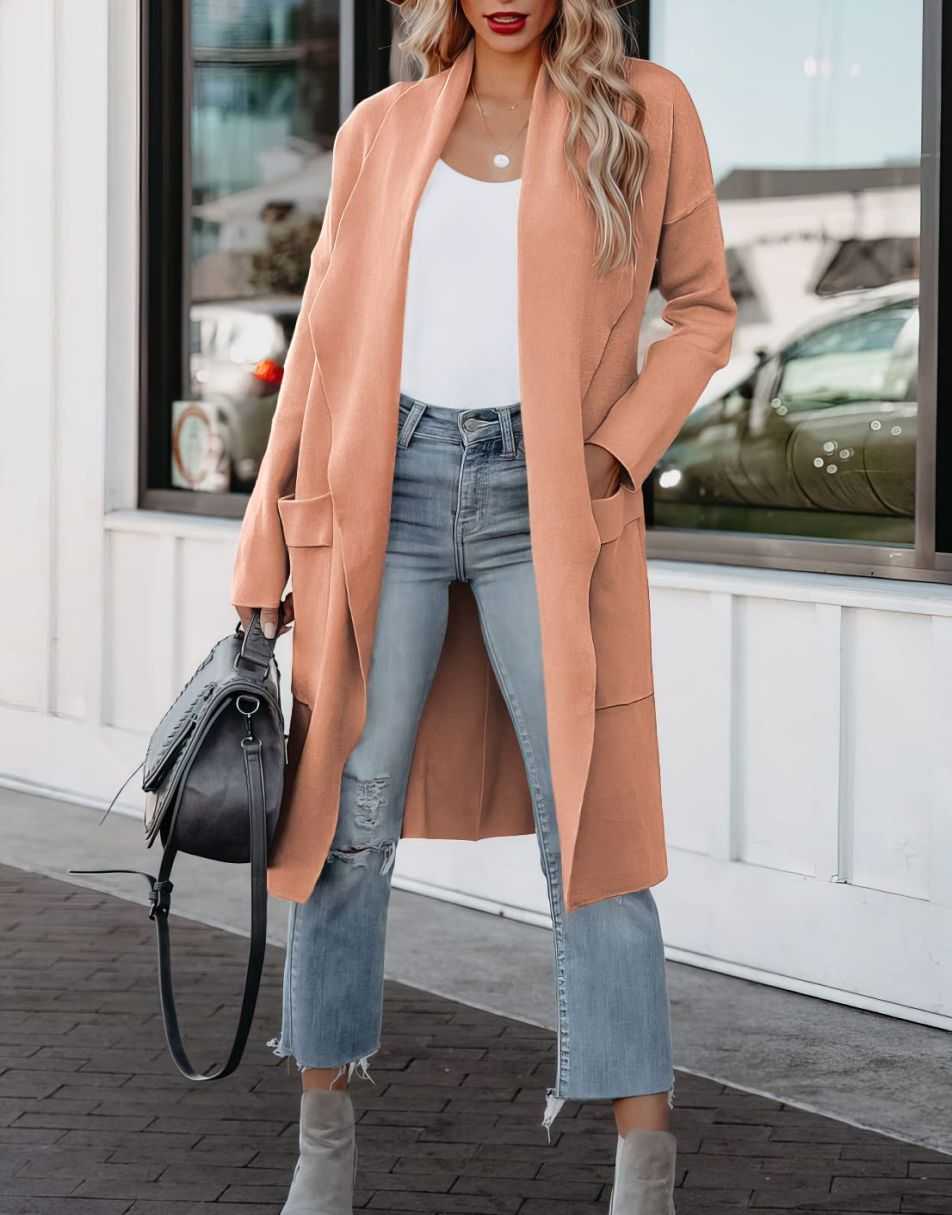 Women's Casual Long Sleeve Draped Open Front Knit Pockets Long Cardigan Jackets Sweater