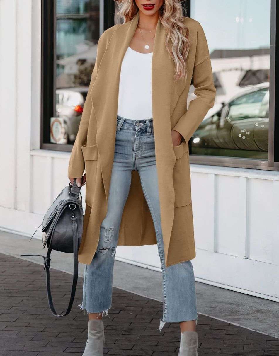 Women's Casual Long Sleeve Draped Open Front Knit Pockets Long Cardigan Jackets Sweater