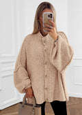 Women's Winter Button Down Cardigan Sweaters Mock Neck Lantern Long Sleeve Chunky Knit Jacket Trendy Outerwear