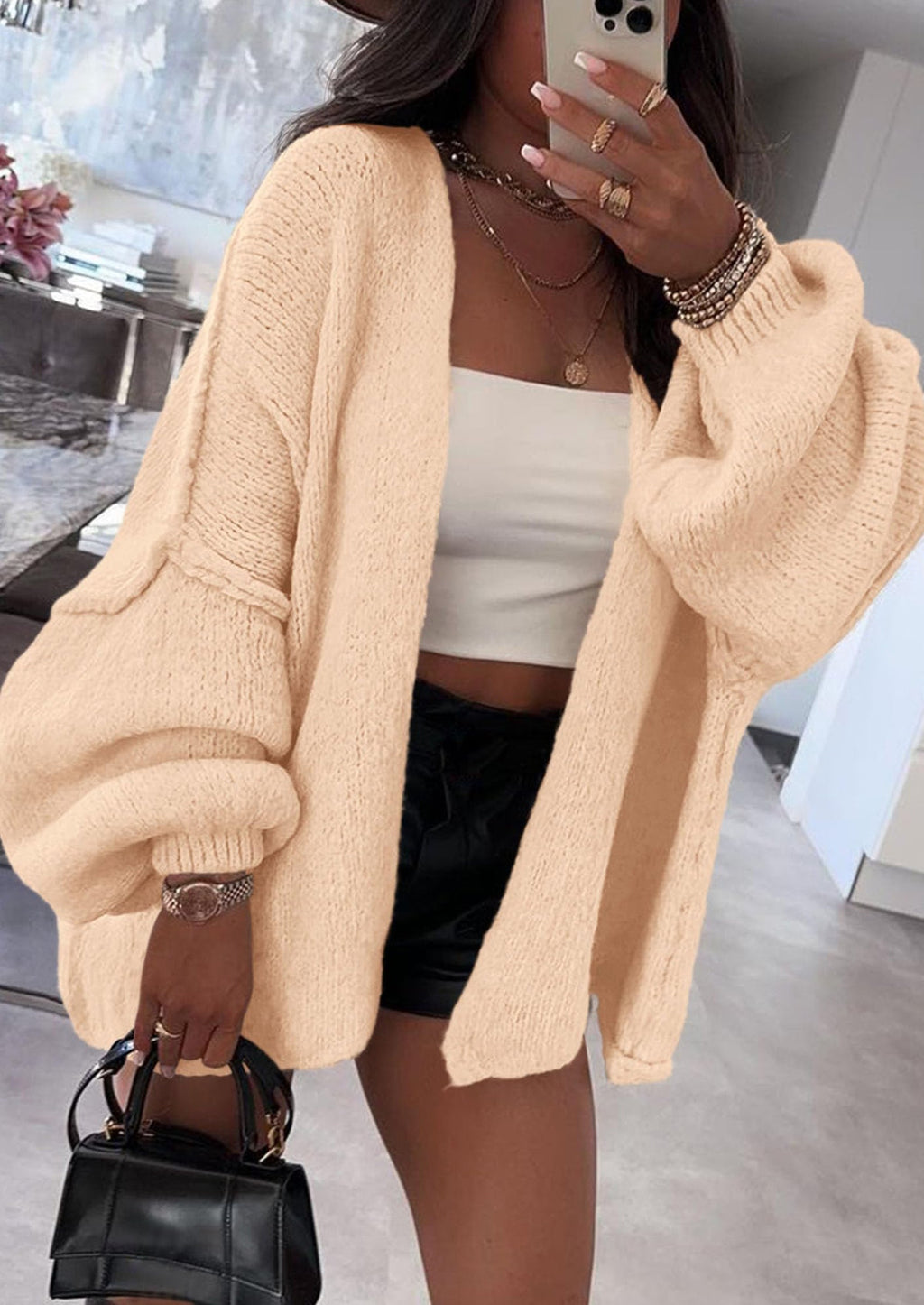 Womens Oversized Cardigan Sweaters Fall Long Lantern Sleeve Knit Open Front Lightweight Sweater