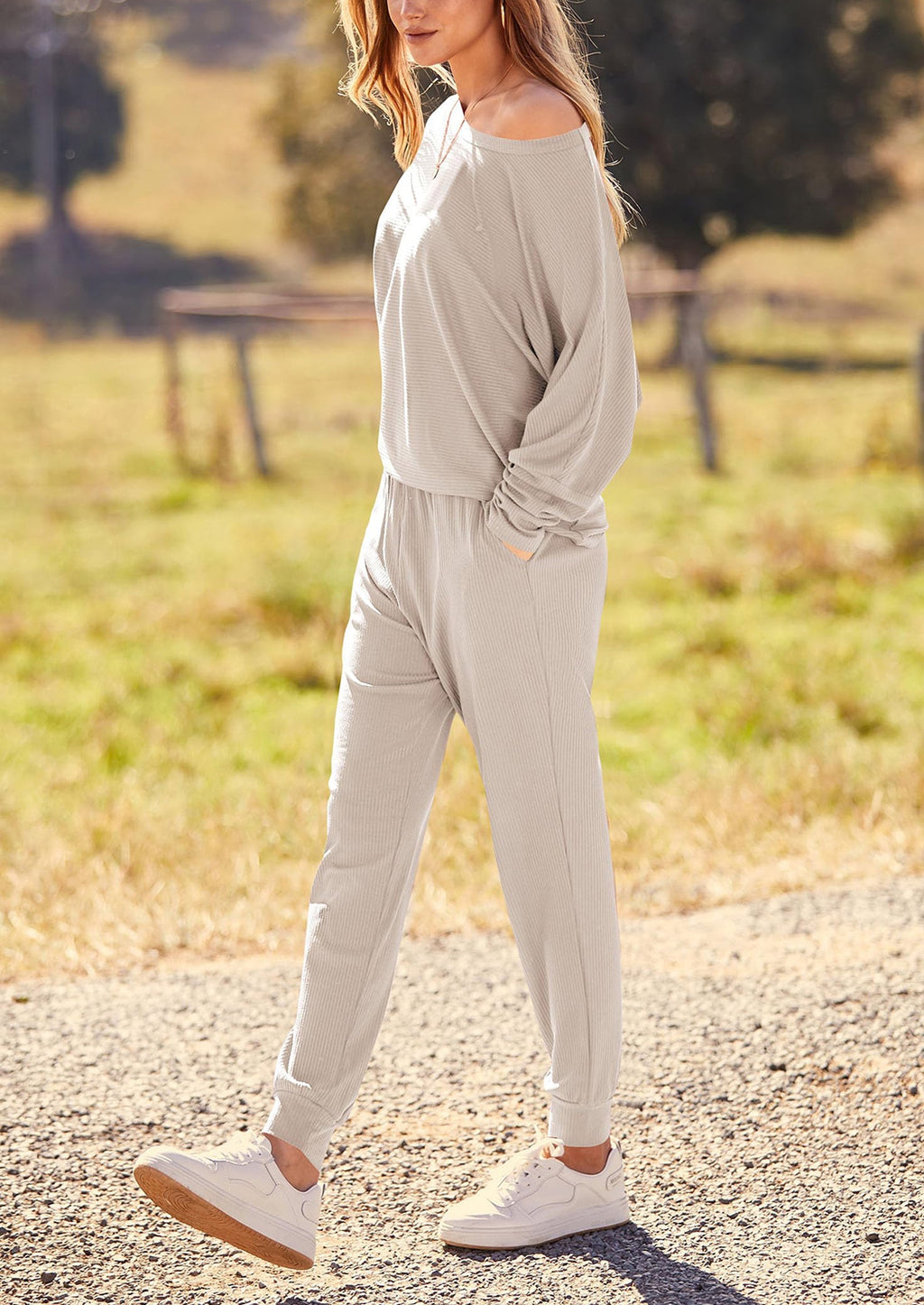 Women's Fall 2 Piece Lounge Set Long Sleeve Tops Ribbed Pants Spring Matching Sweatsuit Travel Outfits Clothes