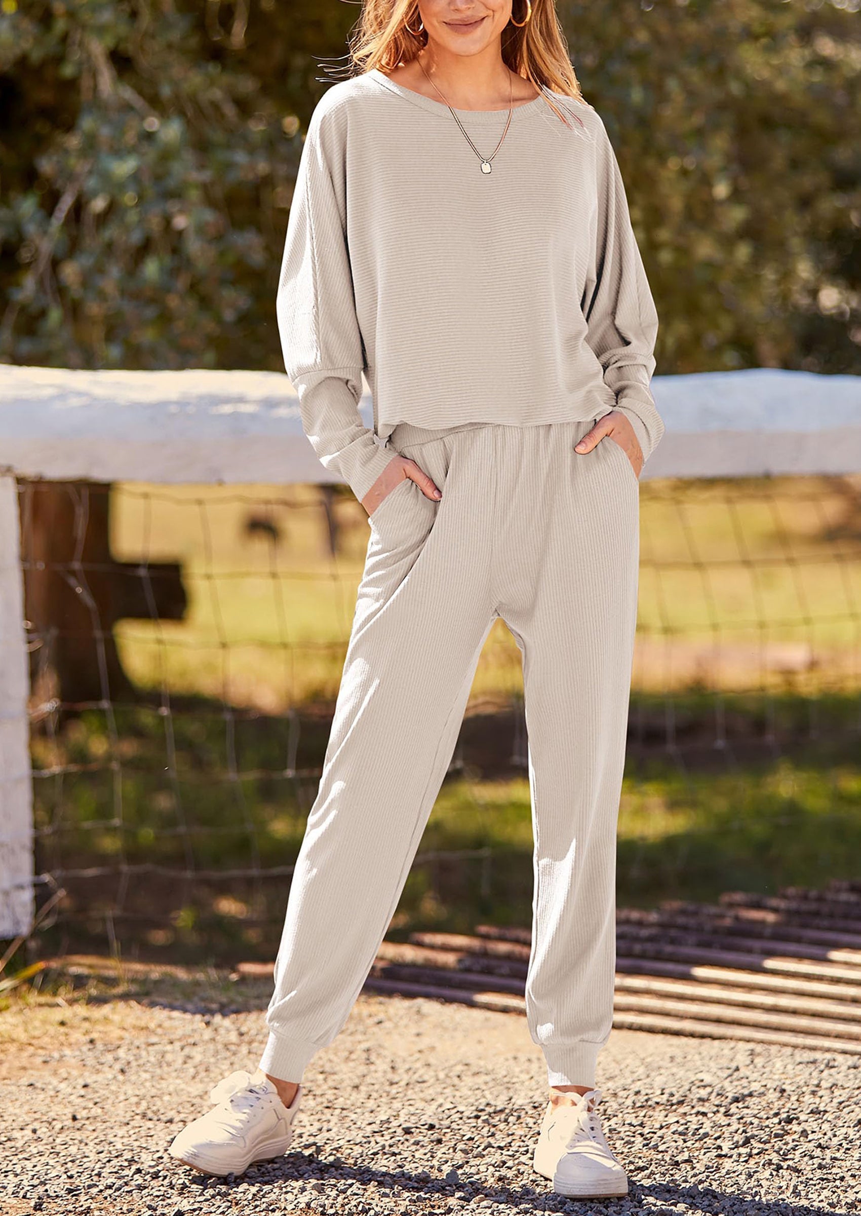 Women's Fall 2 Piece Lounge Set Long Sleeve Tops Ribbed Pants Spring Matching Sweatsuit Travel Outfits Clothes