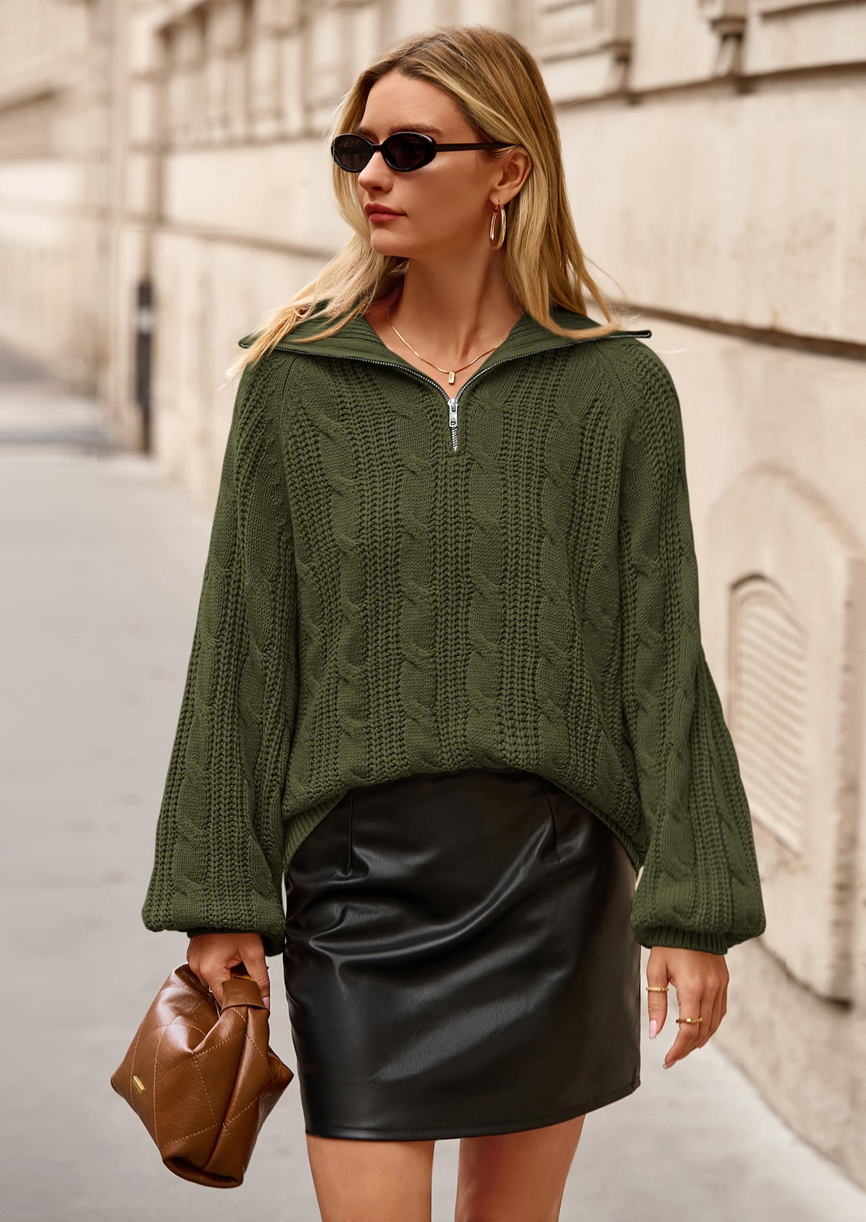 Sweaters for Women Fall Fashion Loose Quarter Zip Pullover Collared Long Sleeve Cable Knit Winter Clothes
