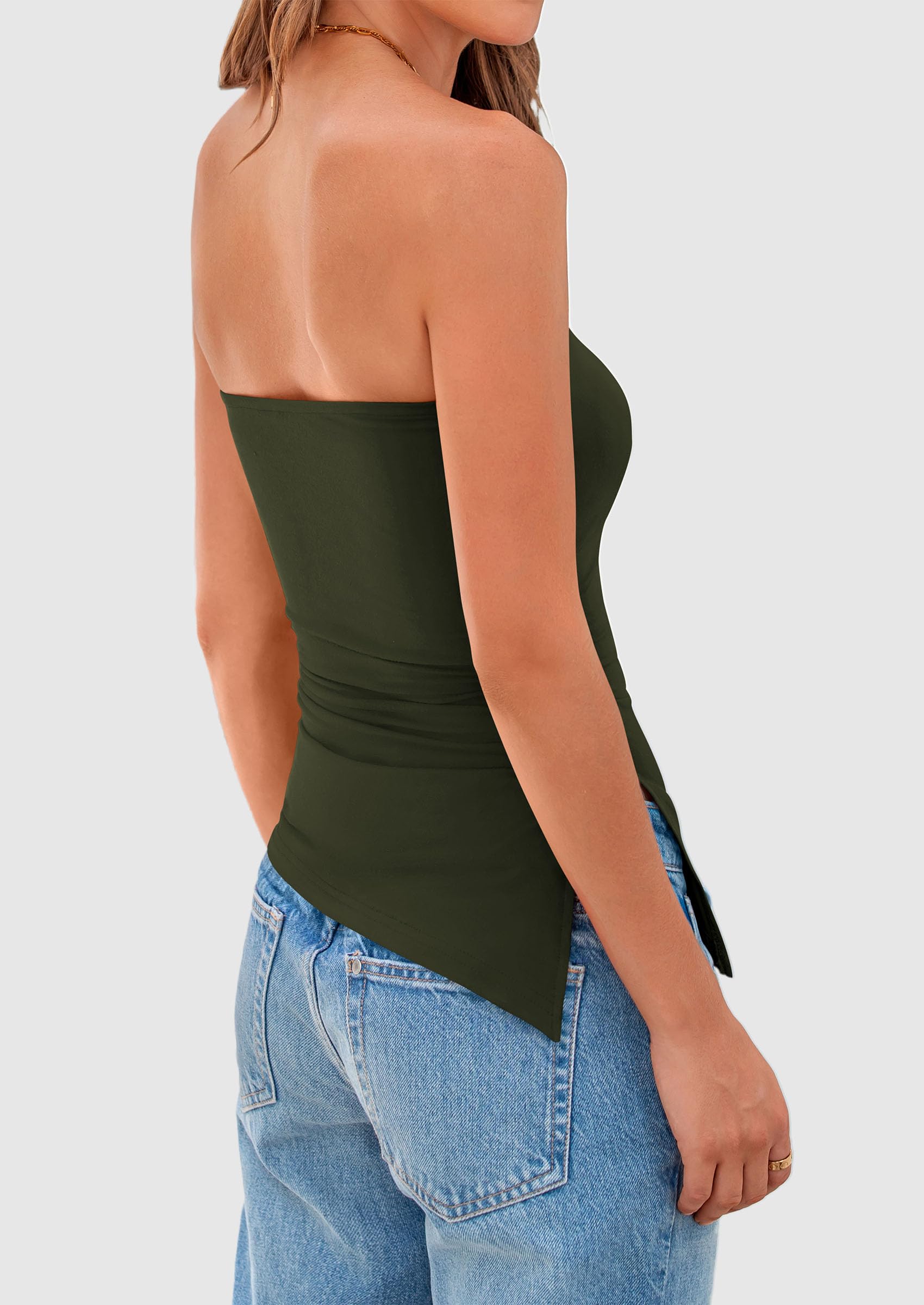 Womens Summer Tube Tops Trendy Strapless Ruched Going Out Tops Outfits Asymmetrical Bandeau Shirts
