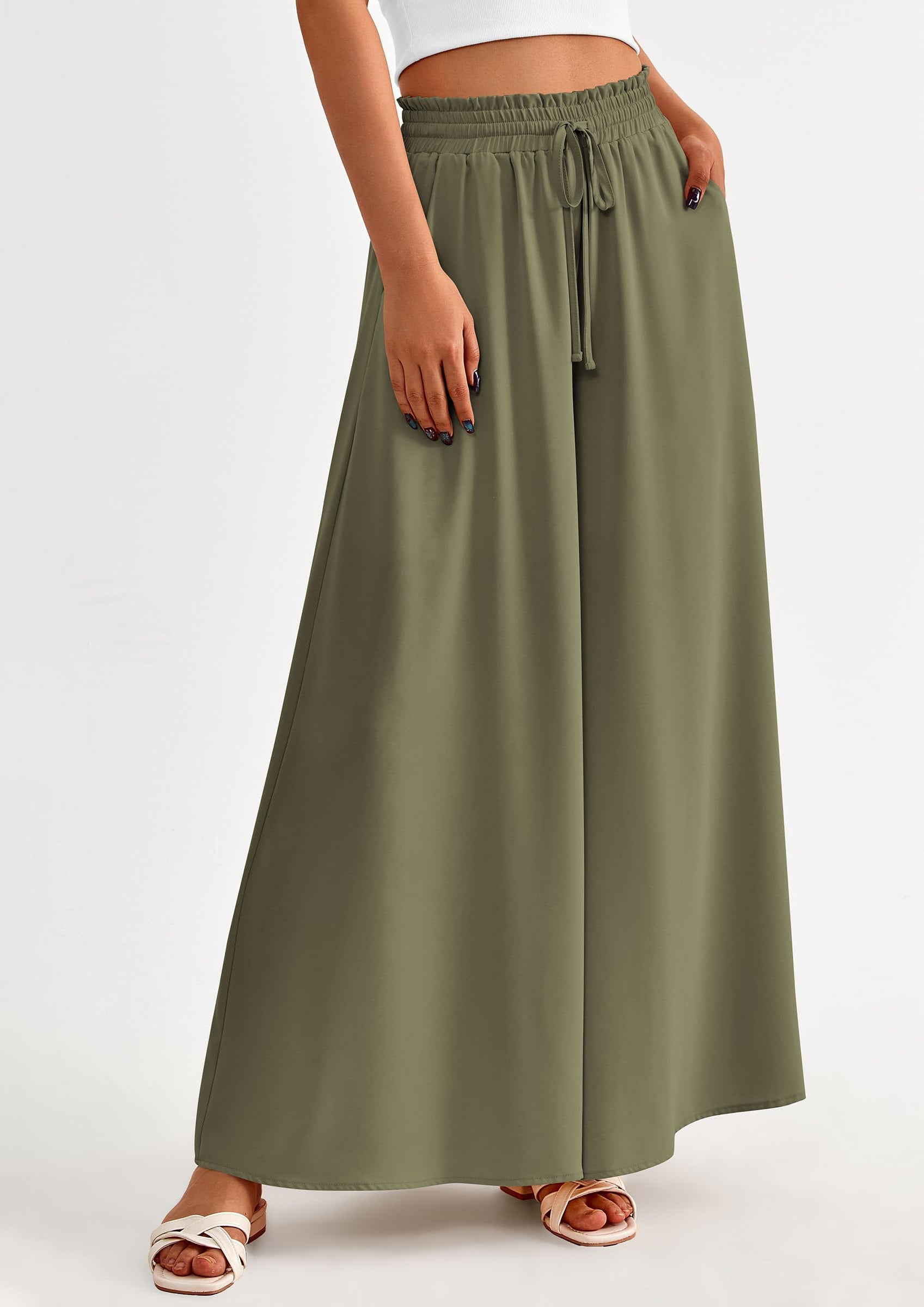 Women's Summer Wide Leg Palazzo Pants High Waisted Flowy Pockets Trendy Casual Lounge Boho Beach Trousers