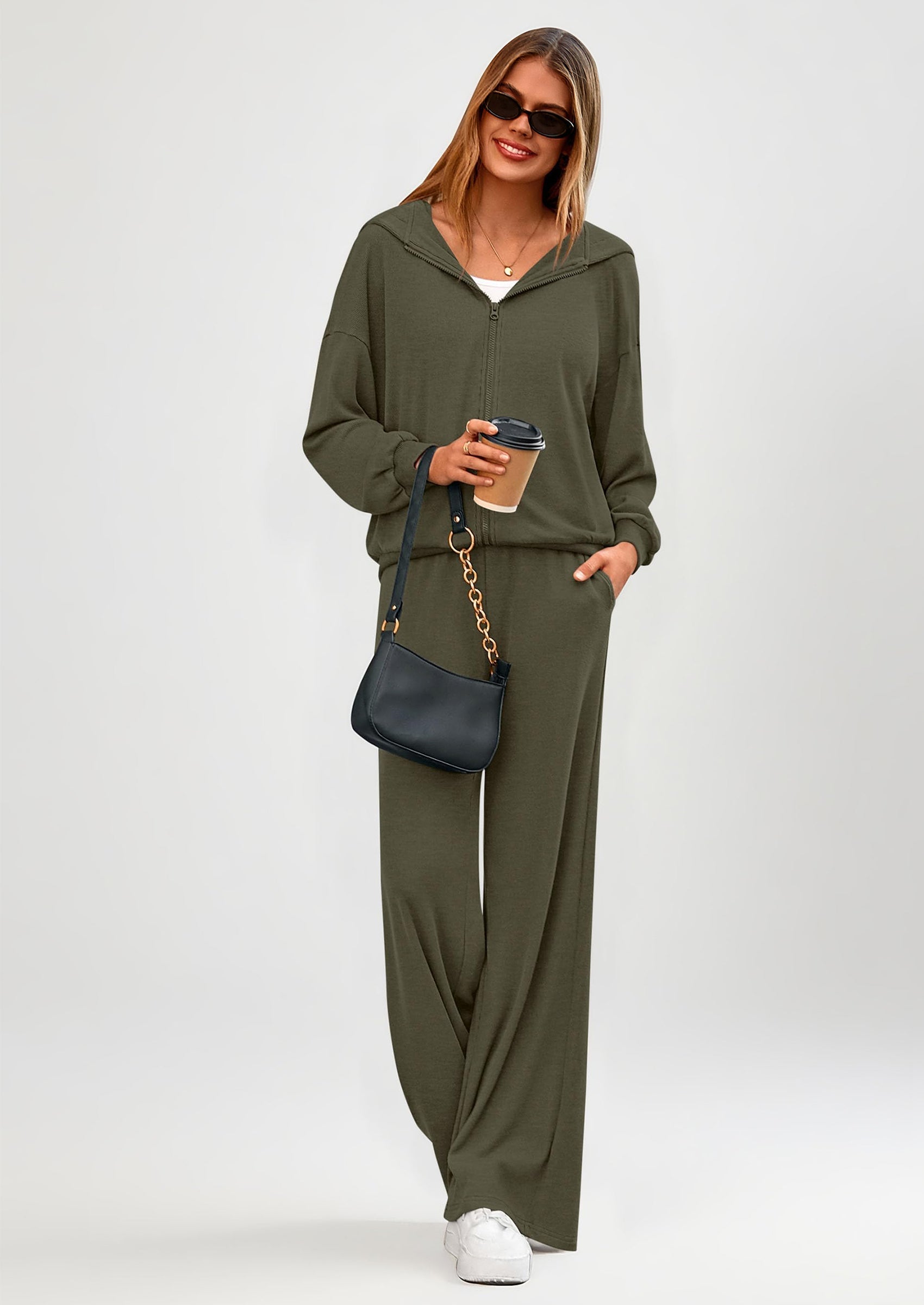 Women's 2 Piece Fall Lounge Sets Zip Up Hoodie Wide Leg Pants Tracksuit Matching Travel Outfits Clothes