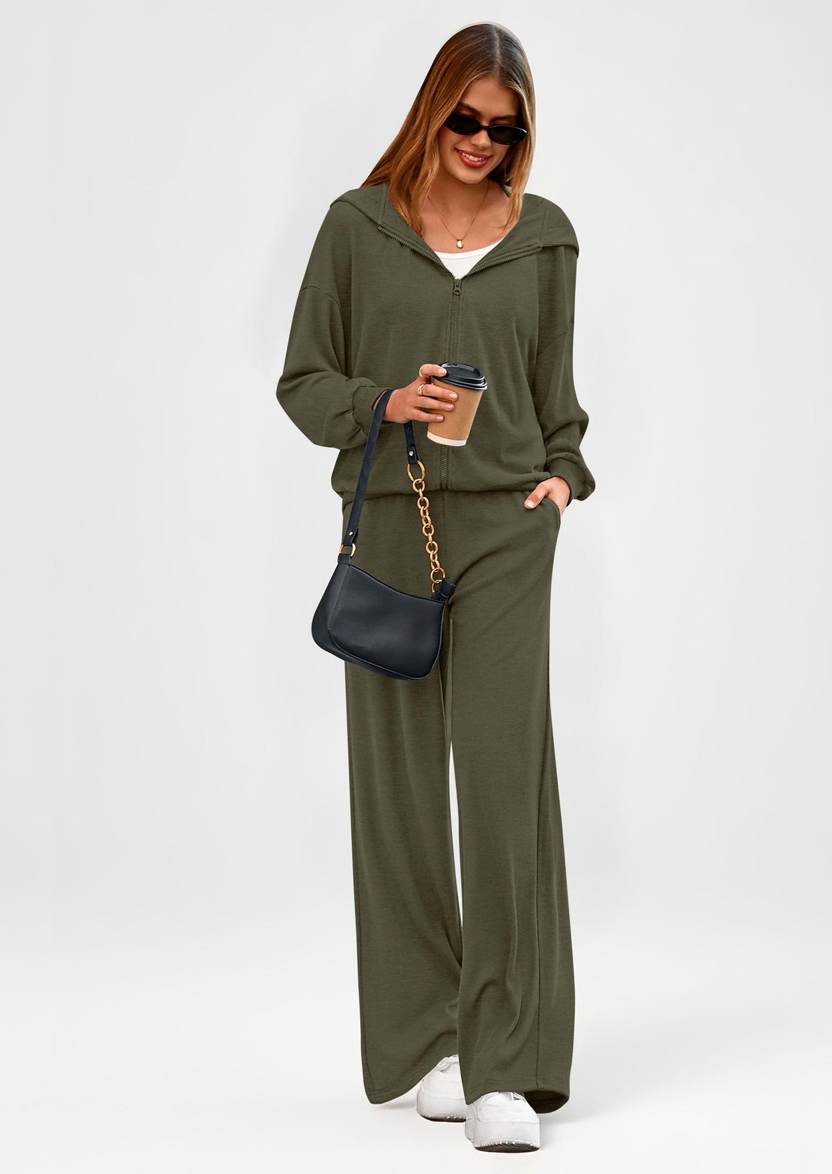 Women's 2 Piece Fall Lounge Sets Zip Up Hoodie Wide Leg Pants Tracksuit Matching Travel Outfits Clothes