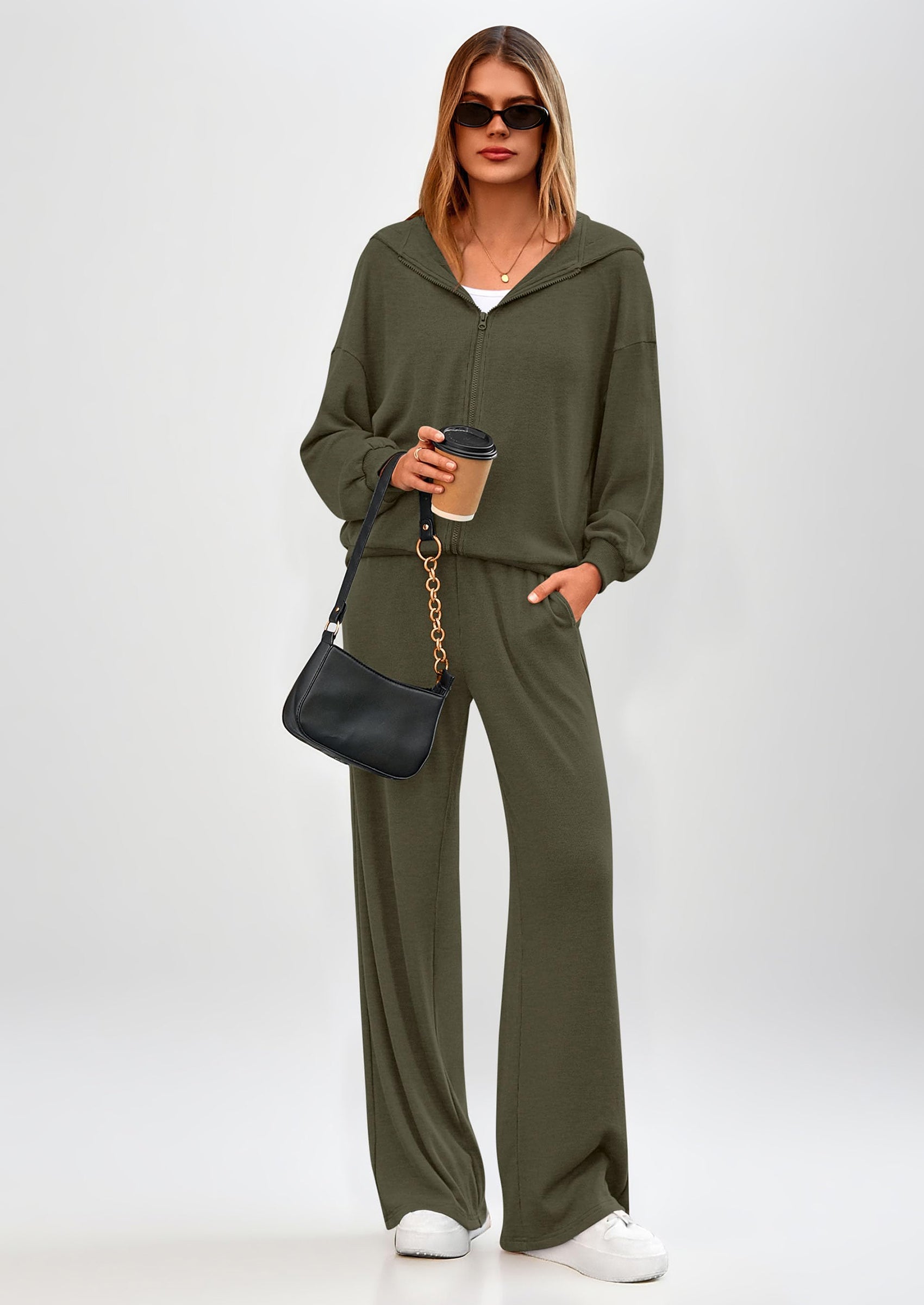 Women's 2 Piece Fall Lounge Sets Zip Up Hoodie Wide Leg Pants Tracksuit Matching Travel Outfits Clothes