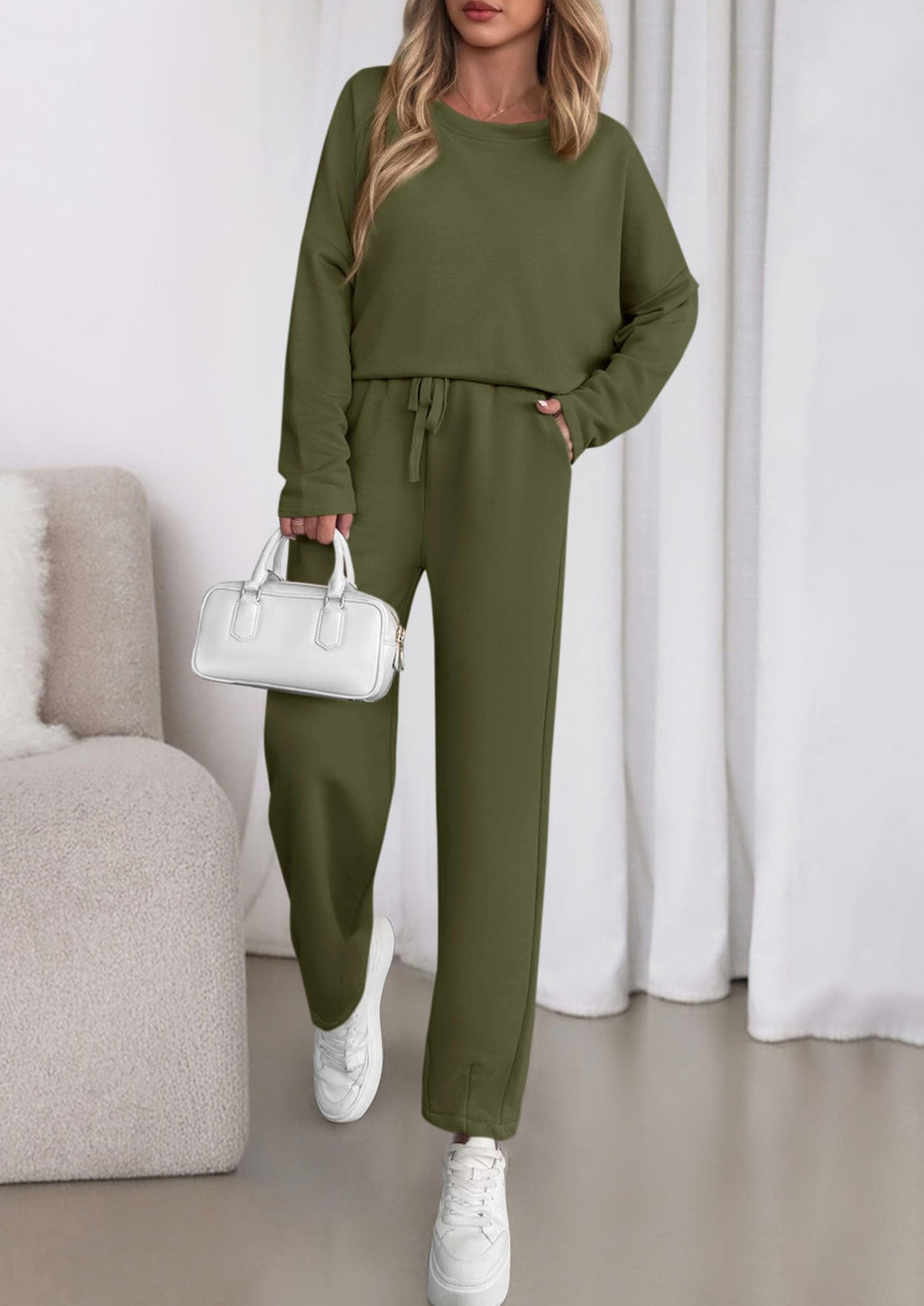 Womens 2 Piece Matching Lounge Sets Fall Long Sleeve Boatneck Sweatsuit Drawstring Sweatpants Pockets