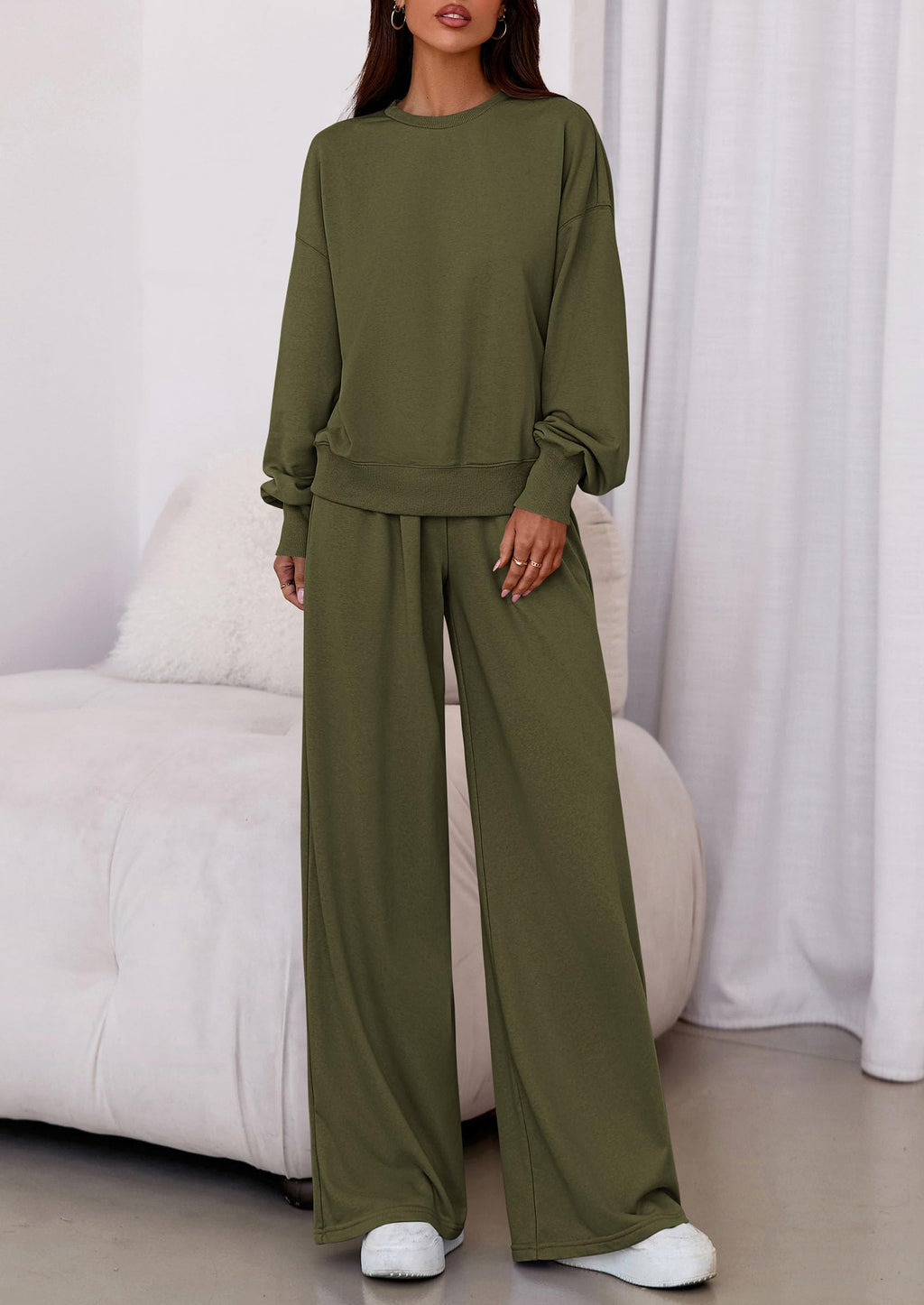 Womens 2 Piece Sets Long Sleeve Sweatshirt Wide Leg Pants Loose Matching Lounge Set Trendy Fall Outfits