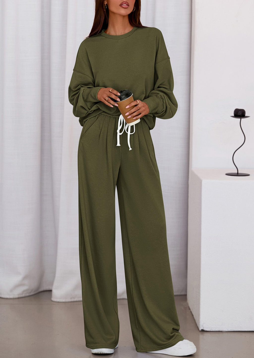 Womens 2 Piece Sets Long Sleeve Sweatshirt Wide Leg Pants Loose Matching Lounge Set Trendy Fall Outfits