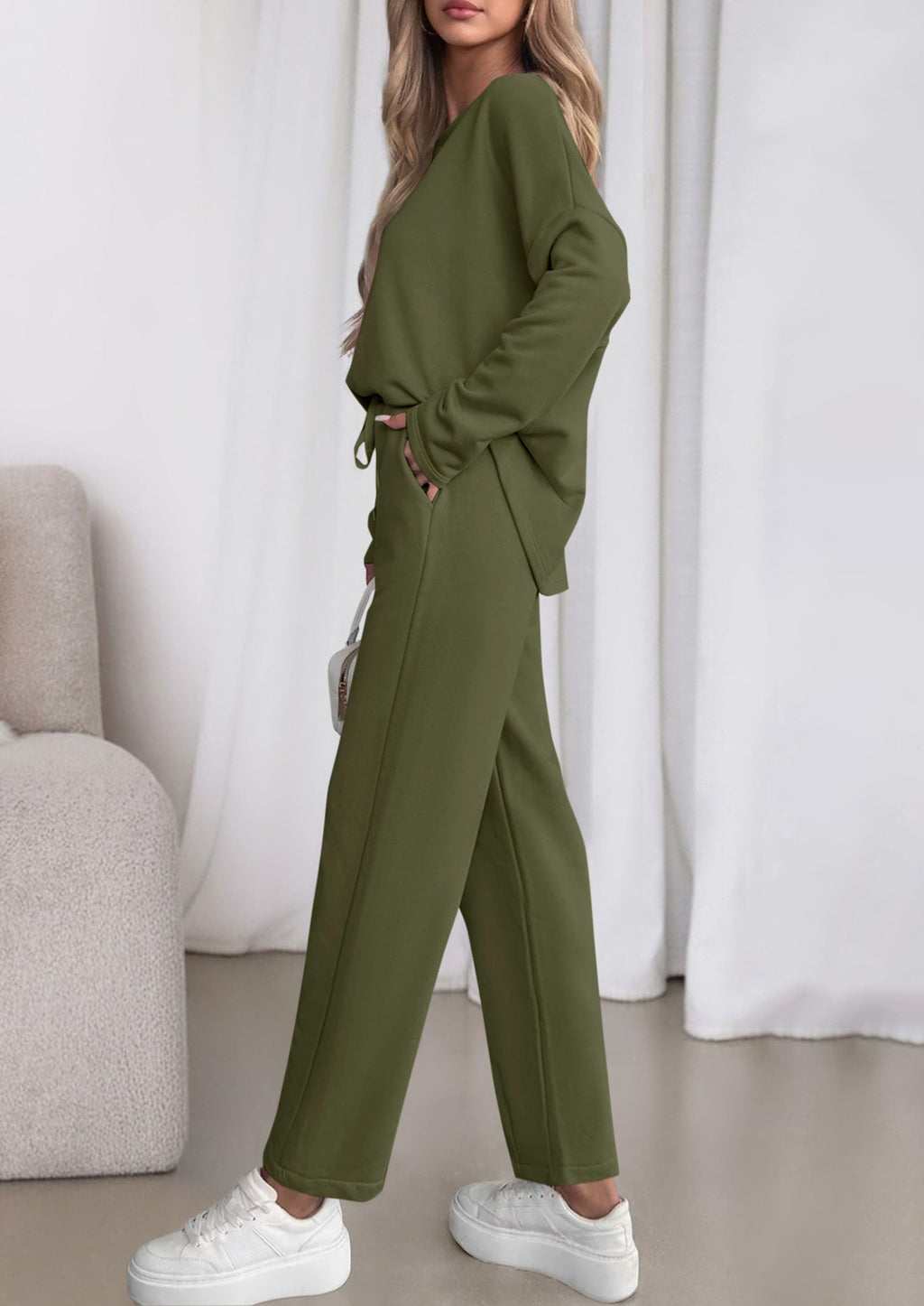 Womens 2 Piece Matching Lounge Sets Fall Long Sleeve Boatneck Sweatsuit Drawstring Sweatpants Pockets