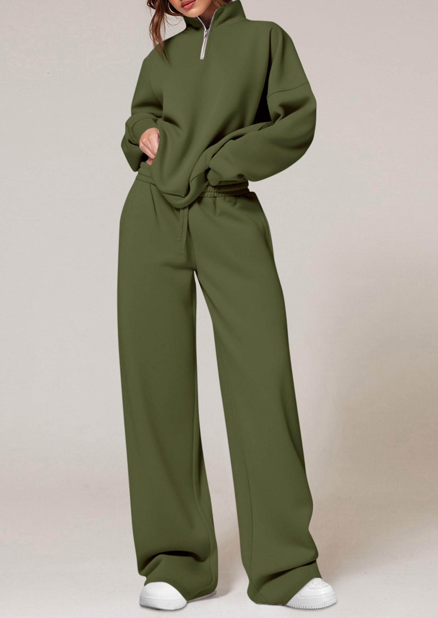 Womens Casual Two Piece Sets Fall Outfits Quarter Zip Sweatshirts Straight Leg Pants Sweatsuits Tracksuit