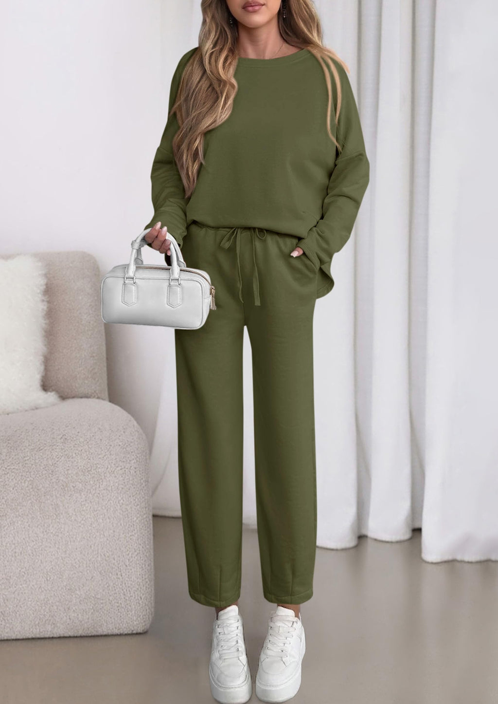 Womens 2 Piece Matching Lounge Sets Fall Long Sleeve Boatneck Sweatsuit Drawstring Sweatpants Pockets