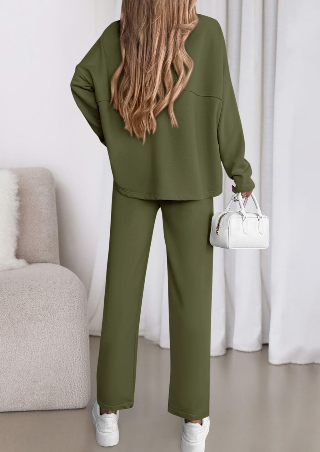 Womens 2 Piece Matching Lounge Sets Fall Long Sleeve Boatneck Sweatsuit Drawstring Sweatpants Pockets