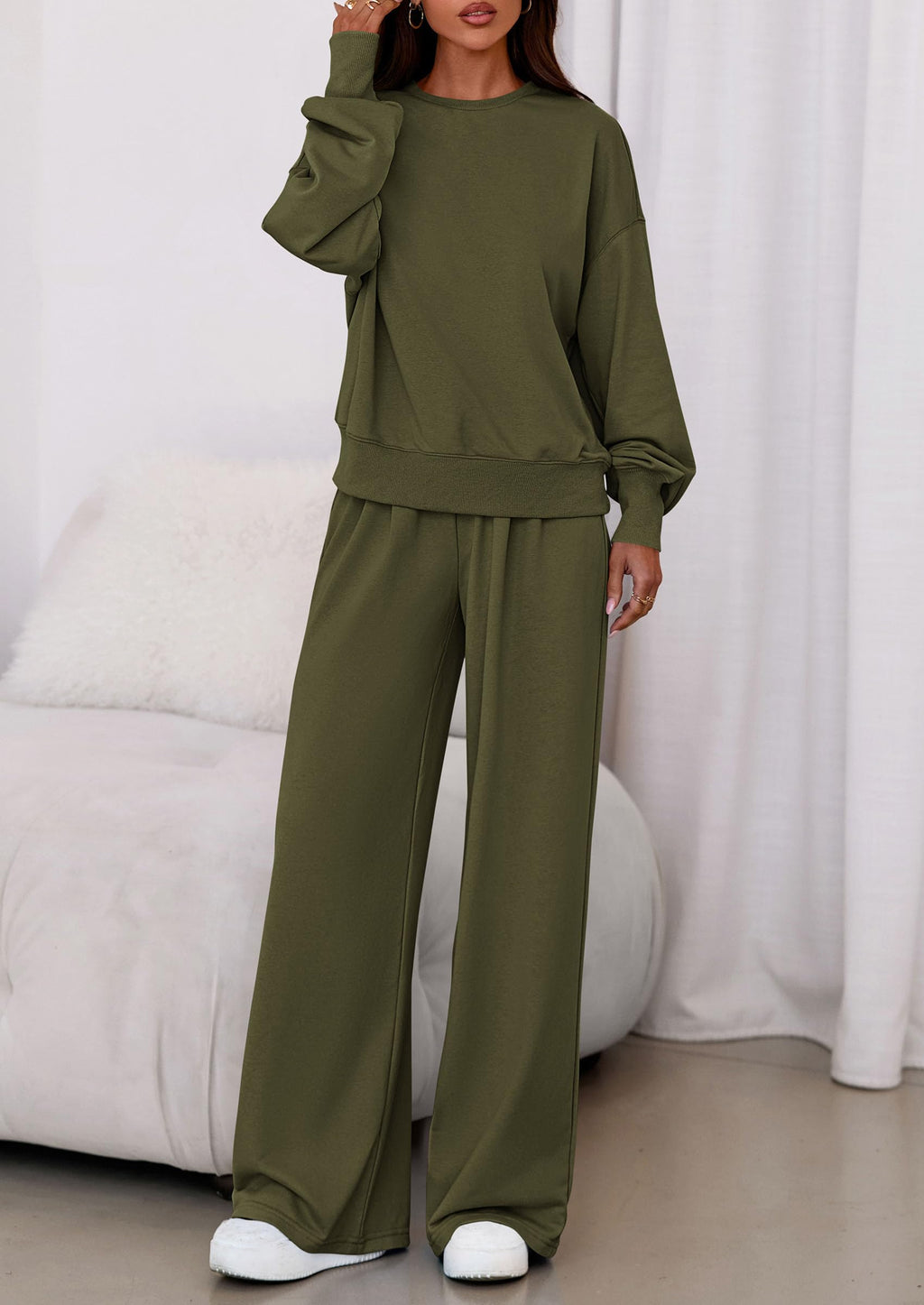 Womens 2 Piece Sets Long Sleeve Sweatshirt Wide Leg Pants Loose Matching Lounge Set Trendy Fall Outfits