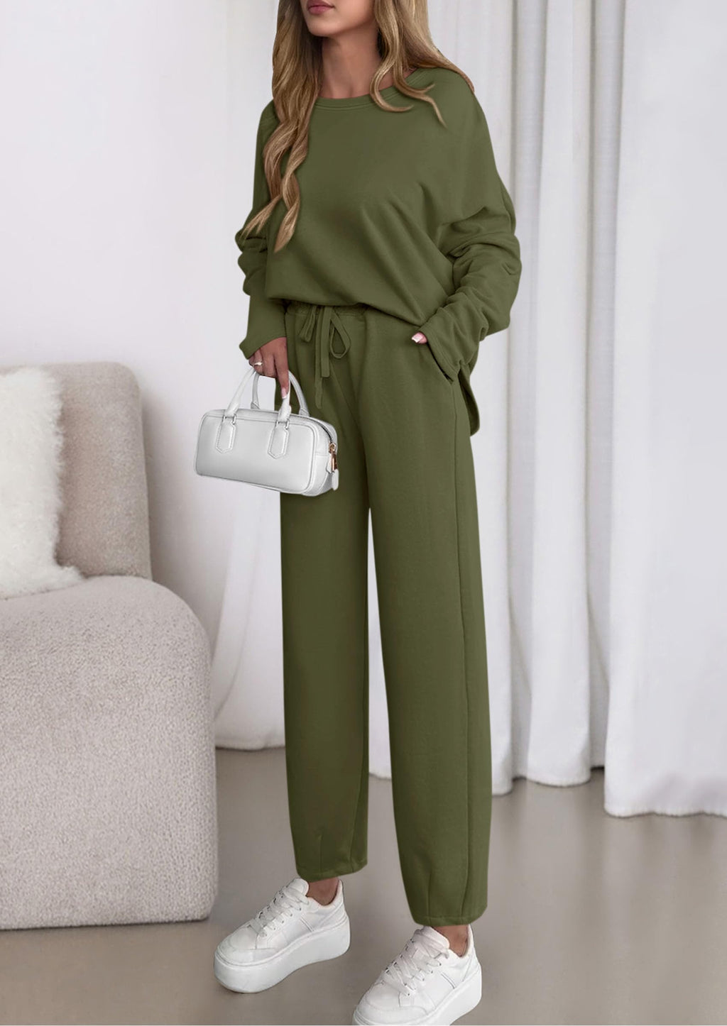 Womens 2 Piece Matching Lounge Sets Fall Long Sleeve Boatneck Sweatsuit Drawstring Sweatpants Pockets