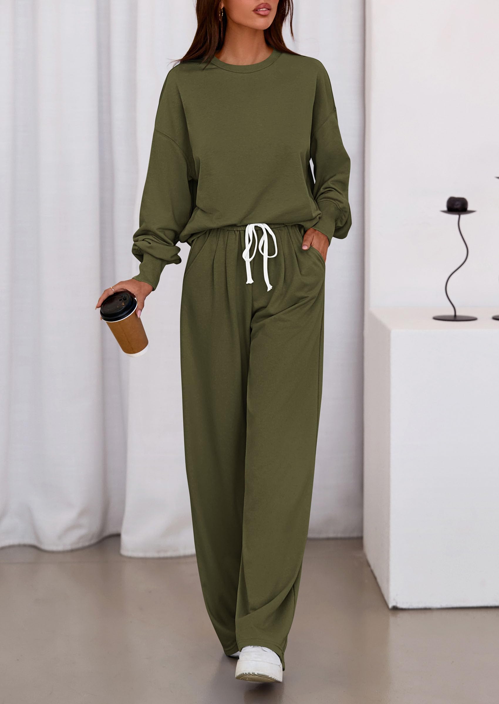 Womens 2 Piece Sets Long Sleeve Sweatshirt Wide Leg Pants Loose Matching Lounge Set Trendy Fall Outfits