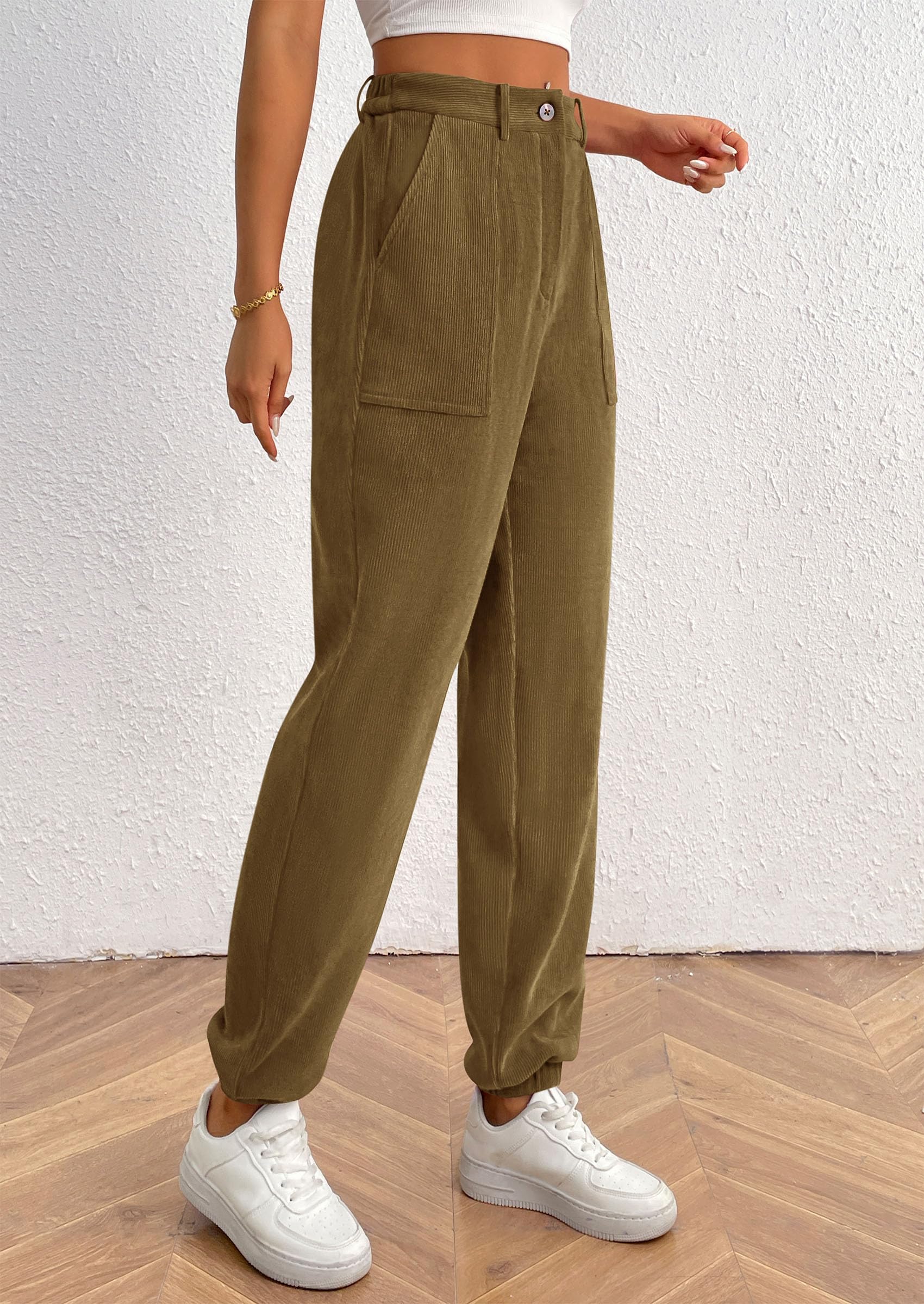 Women's Pants Dressy Casual Fall Elastic High Waisted Work Office Corduroy Trouser Slacks with Pockets