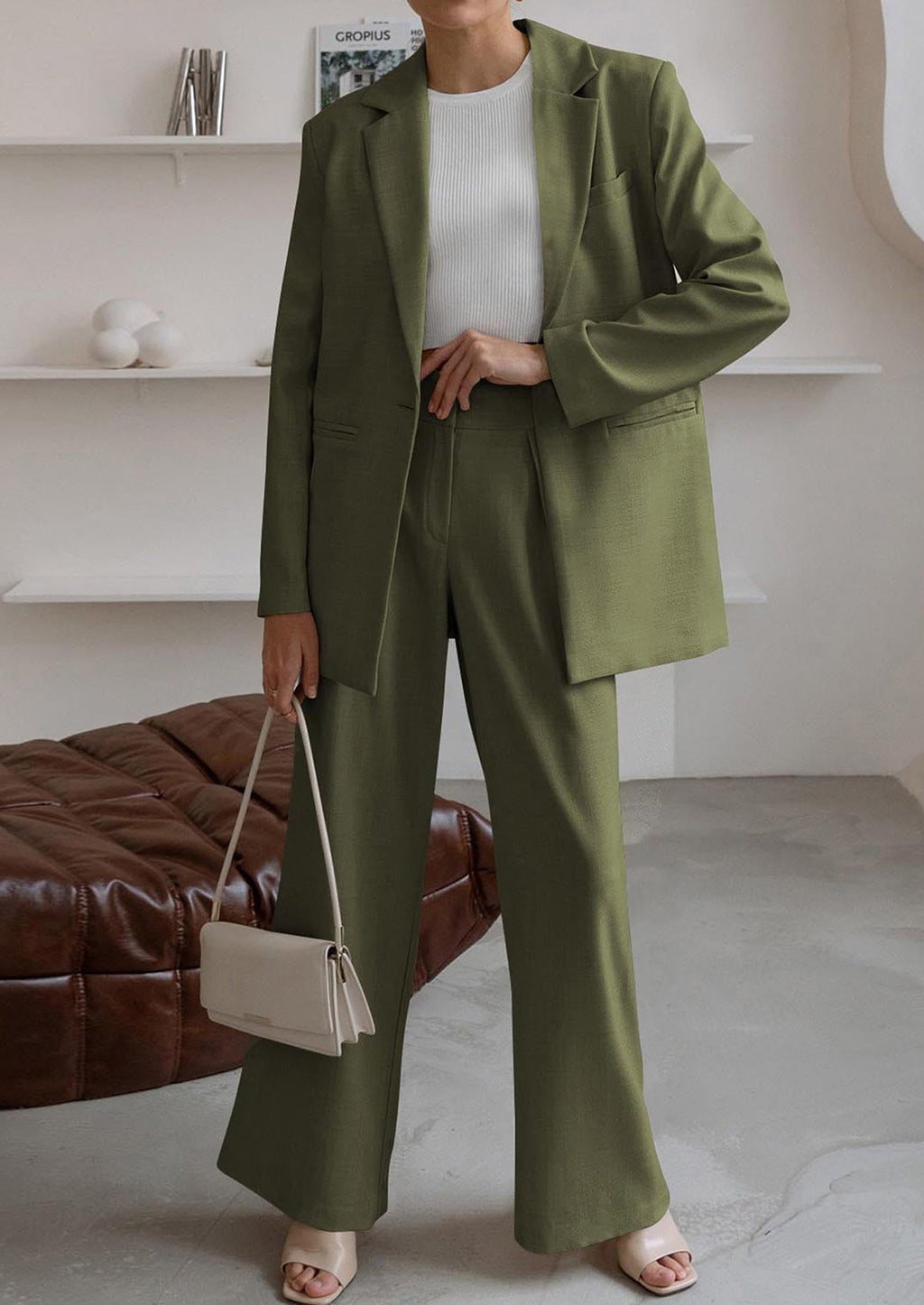 Women's Fall Two Piece Outfits Dressy Blazer Jacket and Wide Leg Pants Pockets Business Casual Office Suit Sets
