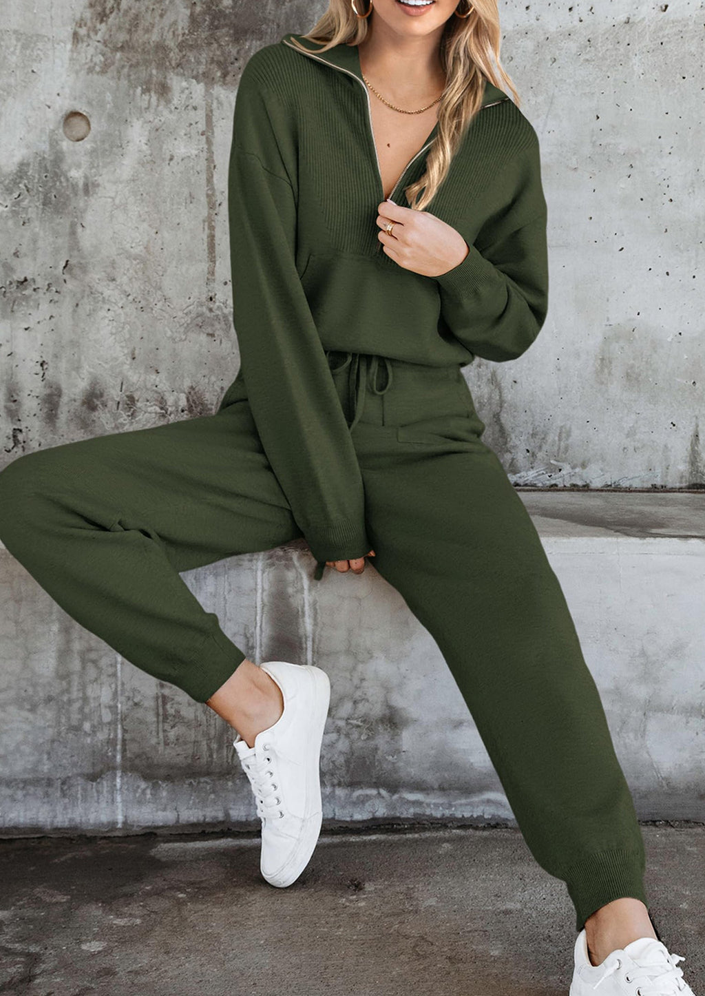 Women's 2 Piece Sweater Set Pullover Zip Up Sweatshirt Jogger Sweatpants Tracksuit Casual Outfit
