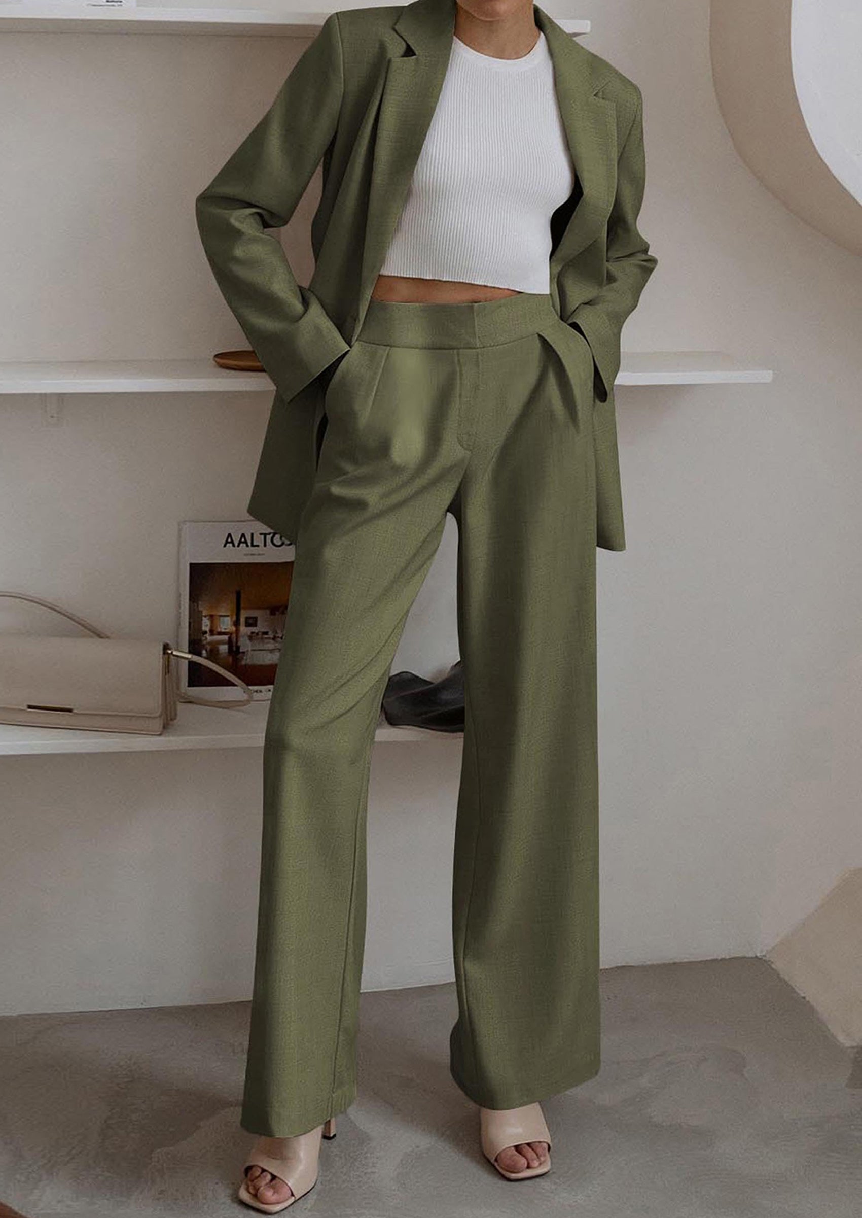 Women's Fall Two Piece Outfits Dressy Blazer Jacket and Wide Leg Pants Pockets Business Casual Office Suit Sets