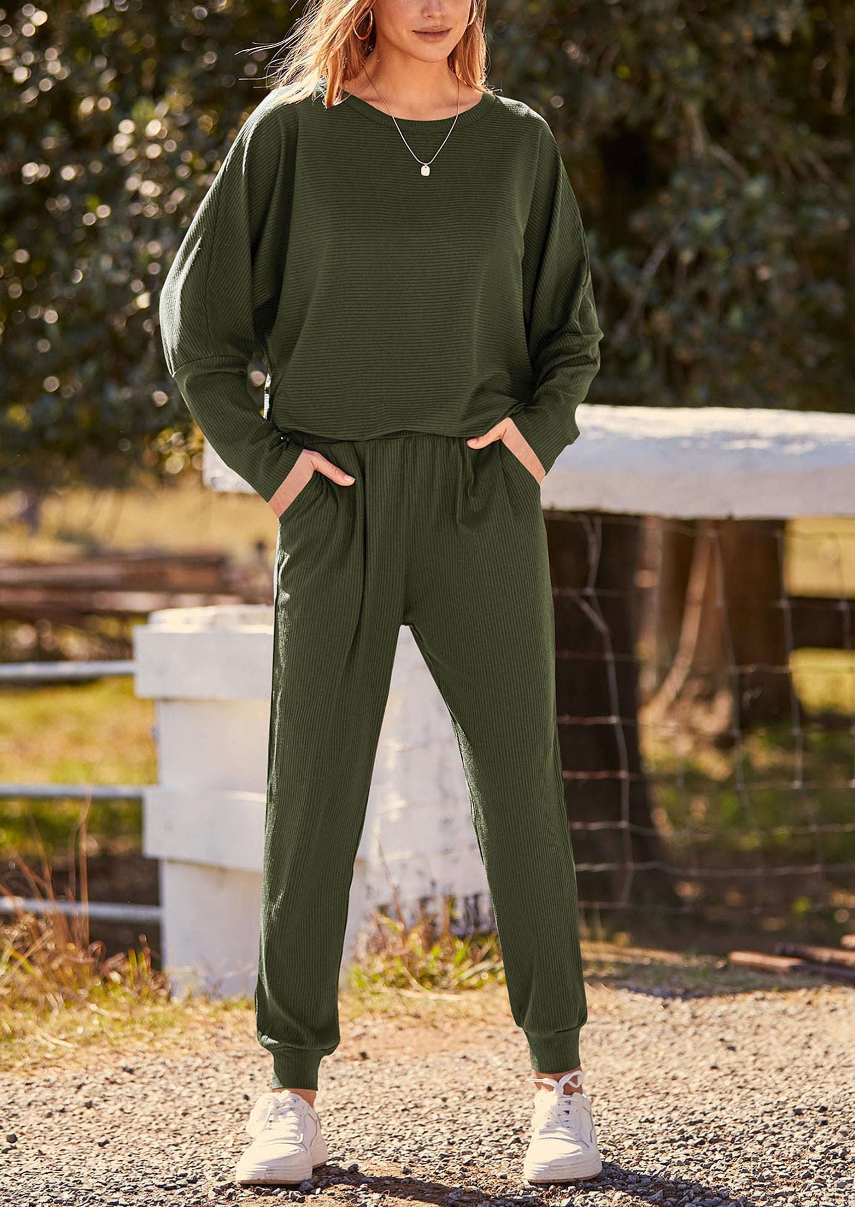 Women's Fall 2 Piece Lounge Set Long Sleeve Tops Ribbed Pants Spring Matching Sweatsuit Travel Outfits Clothes