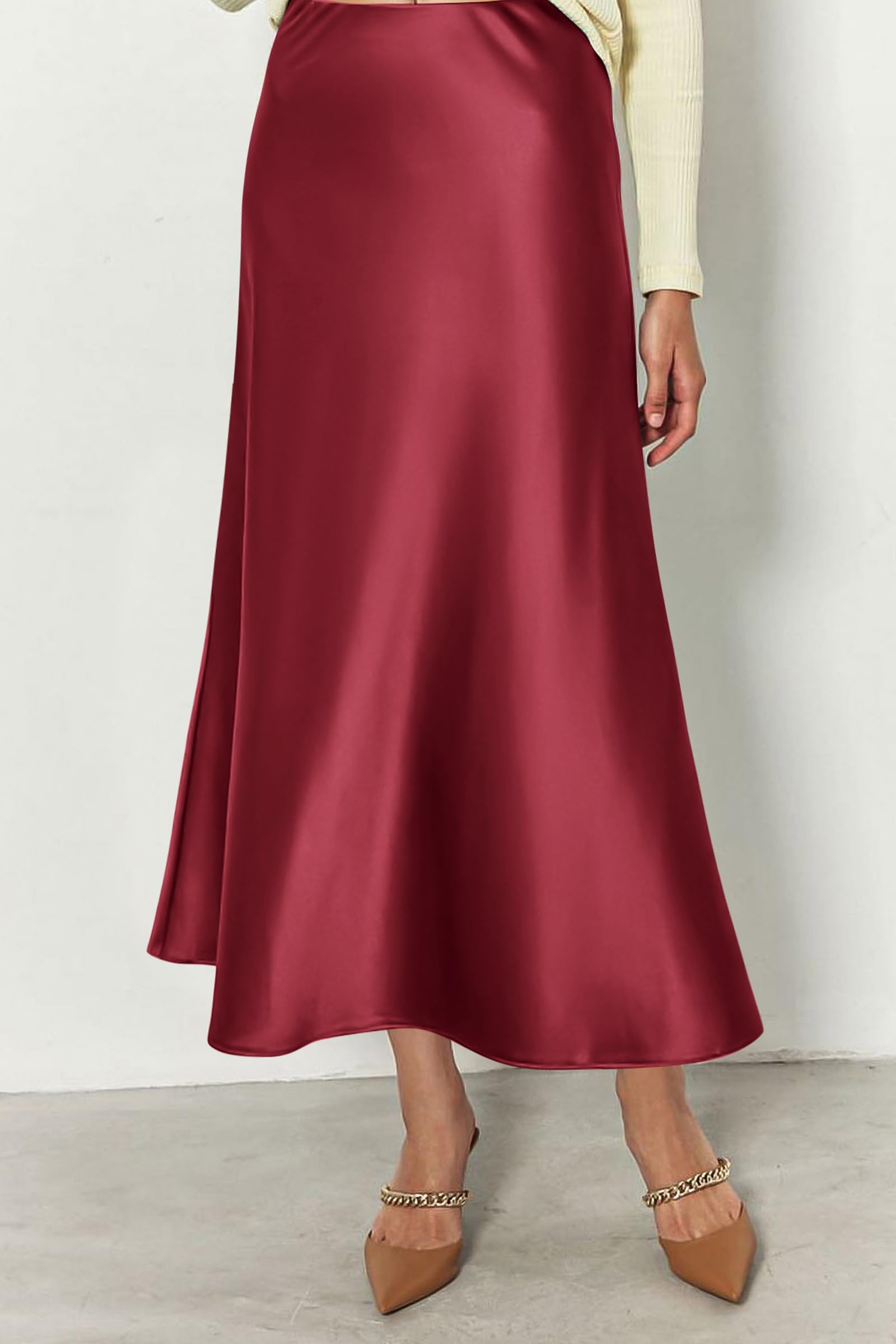 Women's Satin Skirts Dressy Casual Fall High Waisted Cocktail Wedding Flowy Elegant A Line Midi Skirt