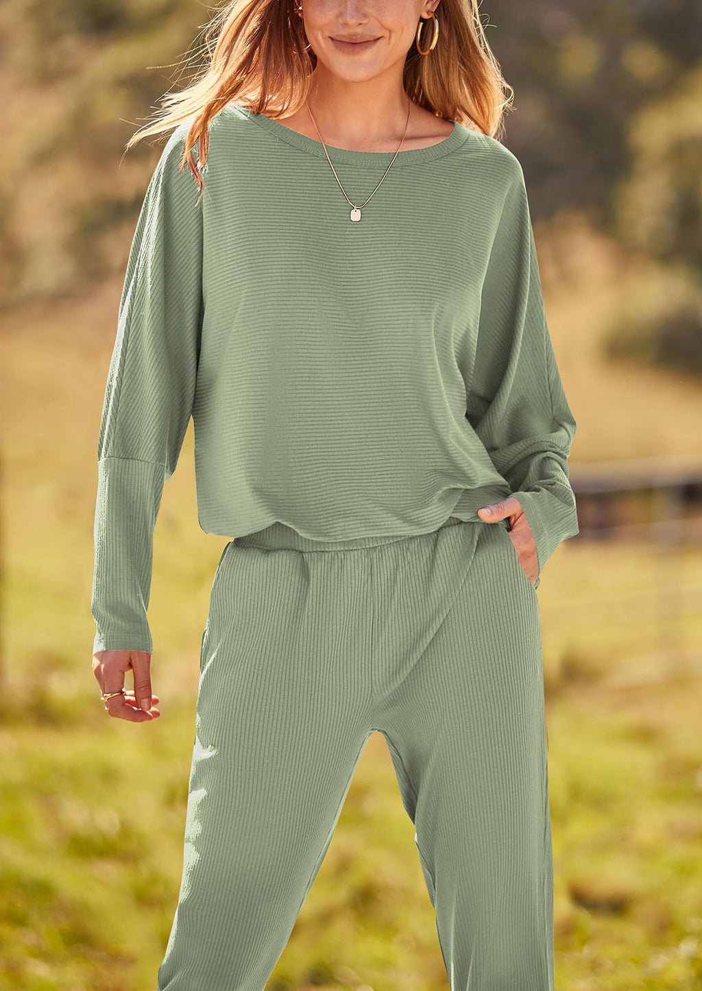Women's Fall 2 Piece Lounge Set Long Sleeve Tops Ribbed Pants Spring Matching Sweatsuit Travel Outfits Clothes