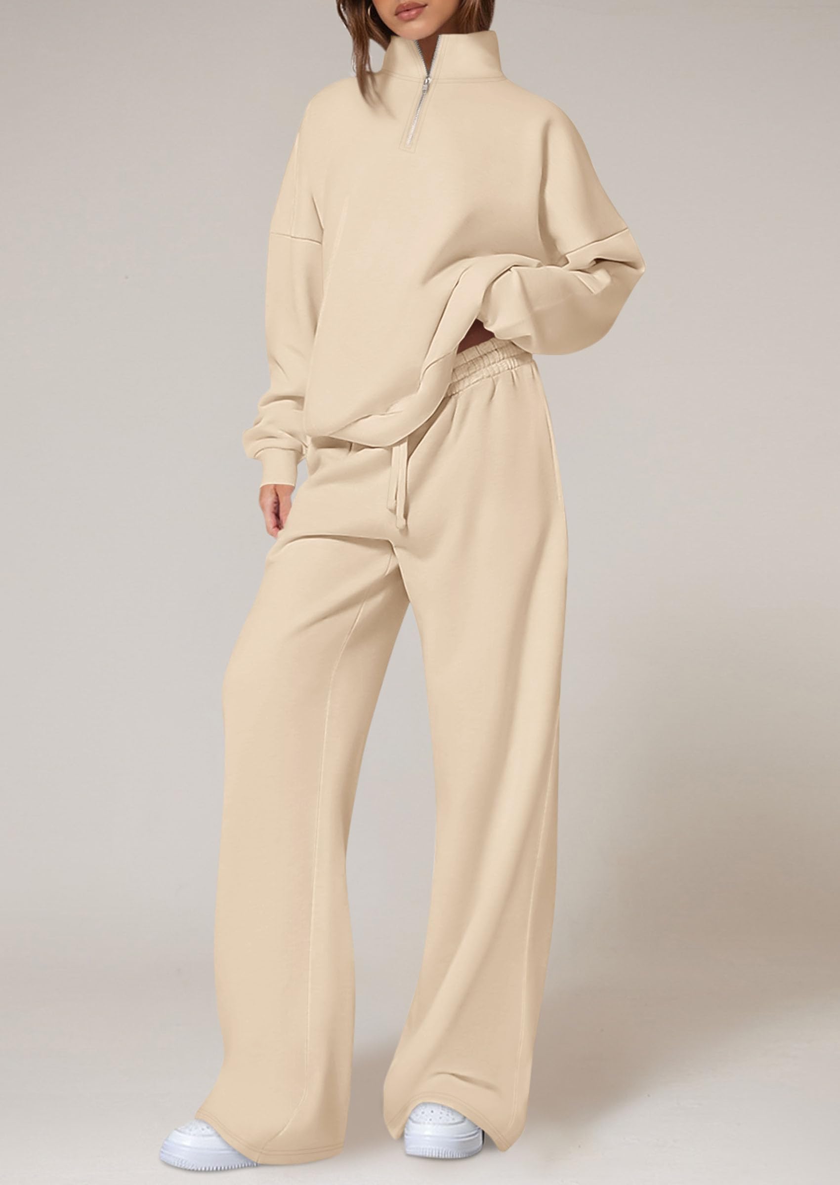 Womens Casual Two Piece Sets Fall Outfits Quarter Zip Sweatshirts Straight Leg Pants Sweatsuits Tracksuit