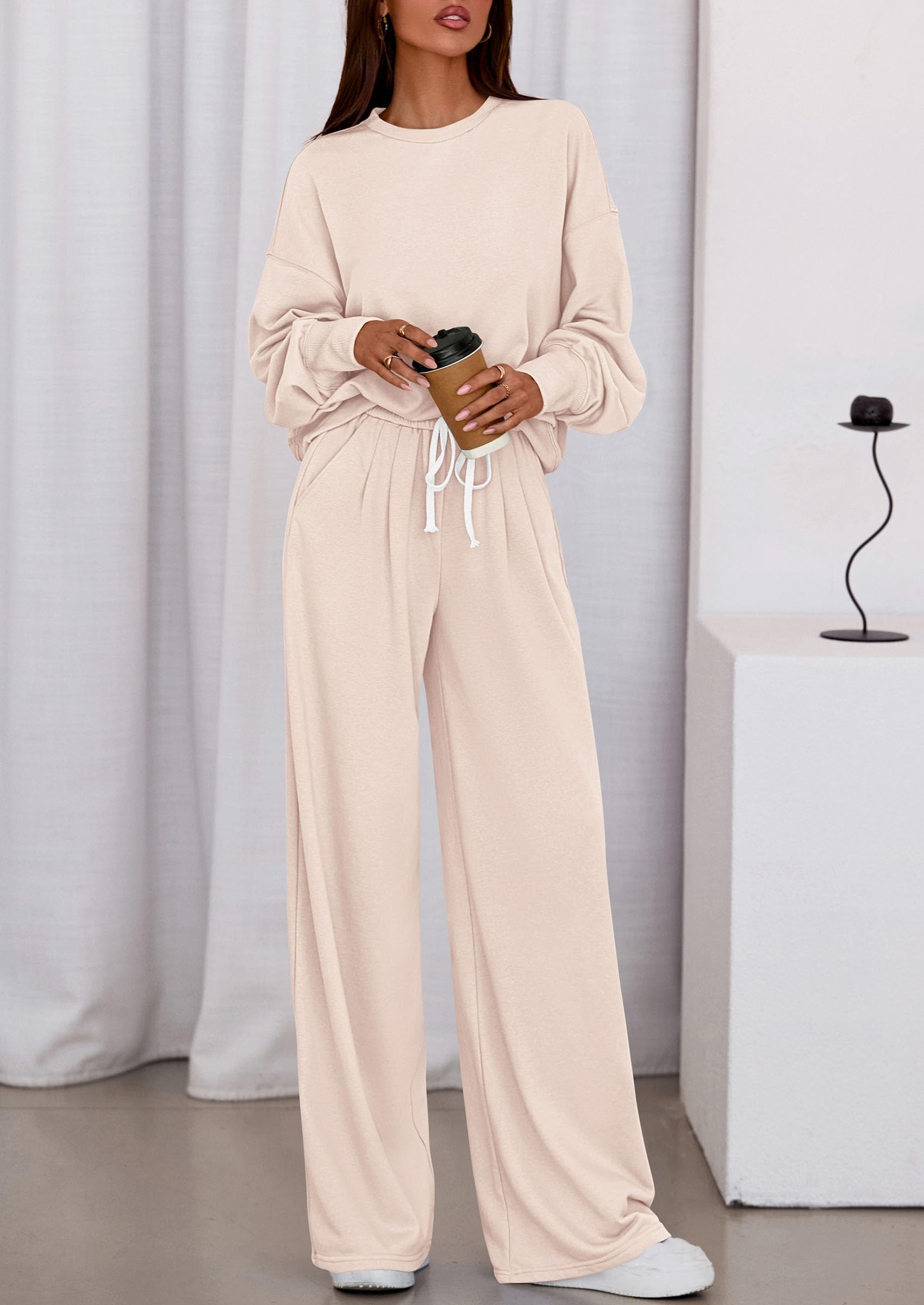 Womens 2 Piece Sets Long Sleeve Sweatshirt Wide Leg Pants Loose Matching Lounge Set Trendy Fall Outfits