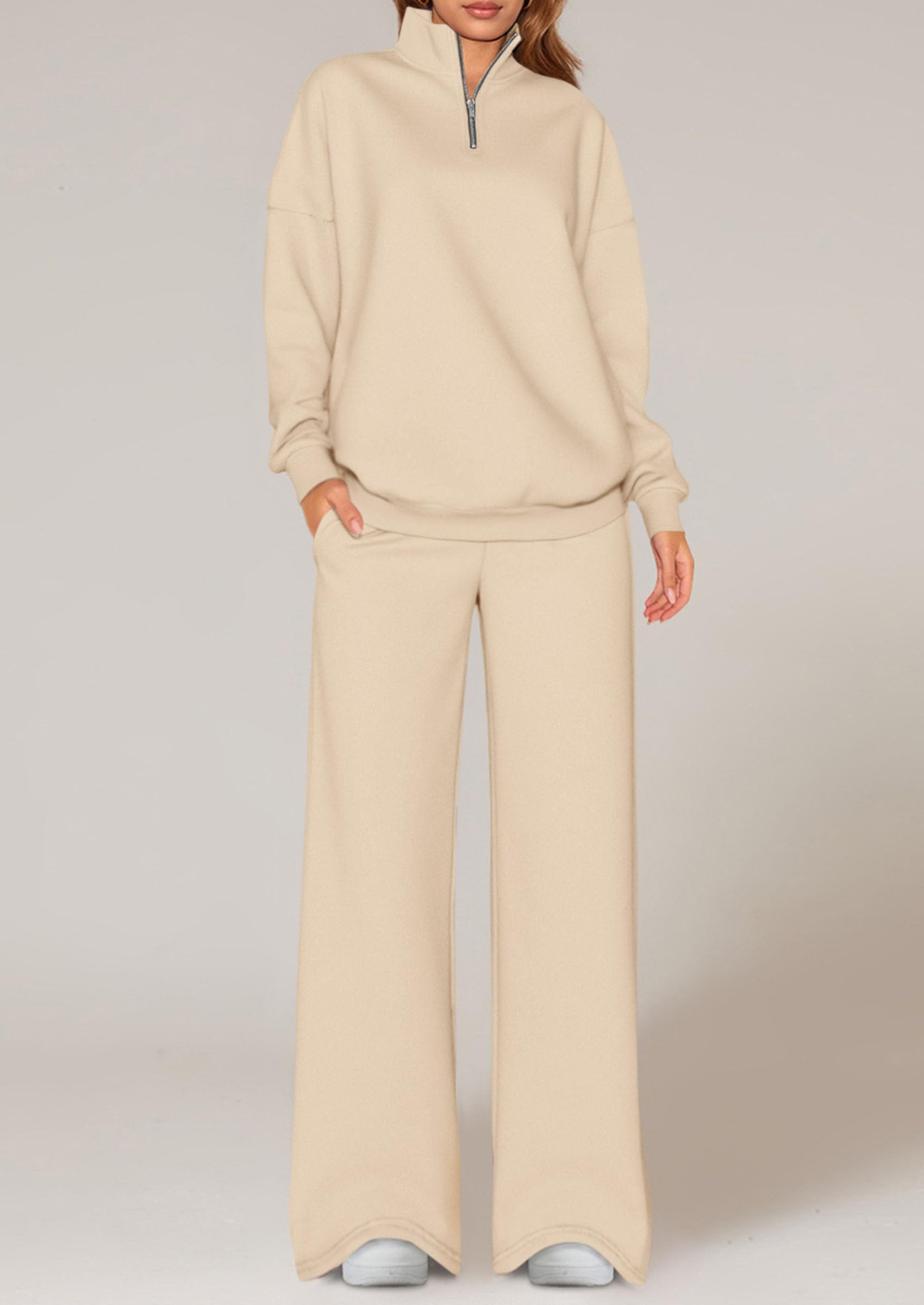 Womens Casual Two Piece Sets Fall Outfits Quarter Zip Sweatshirts Straight Leg Pants Sweatsuits Tracksuit
